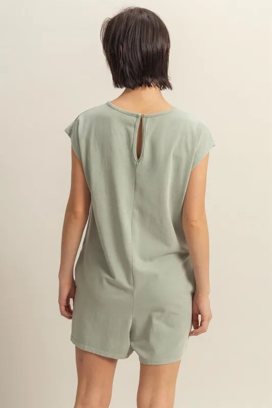 Round Neck Cap Sleeve Relaxed Fit Breezy Romper in Sage for Women