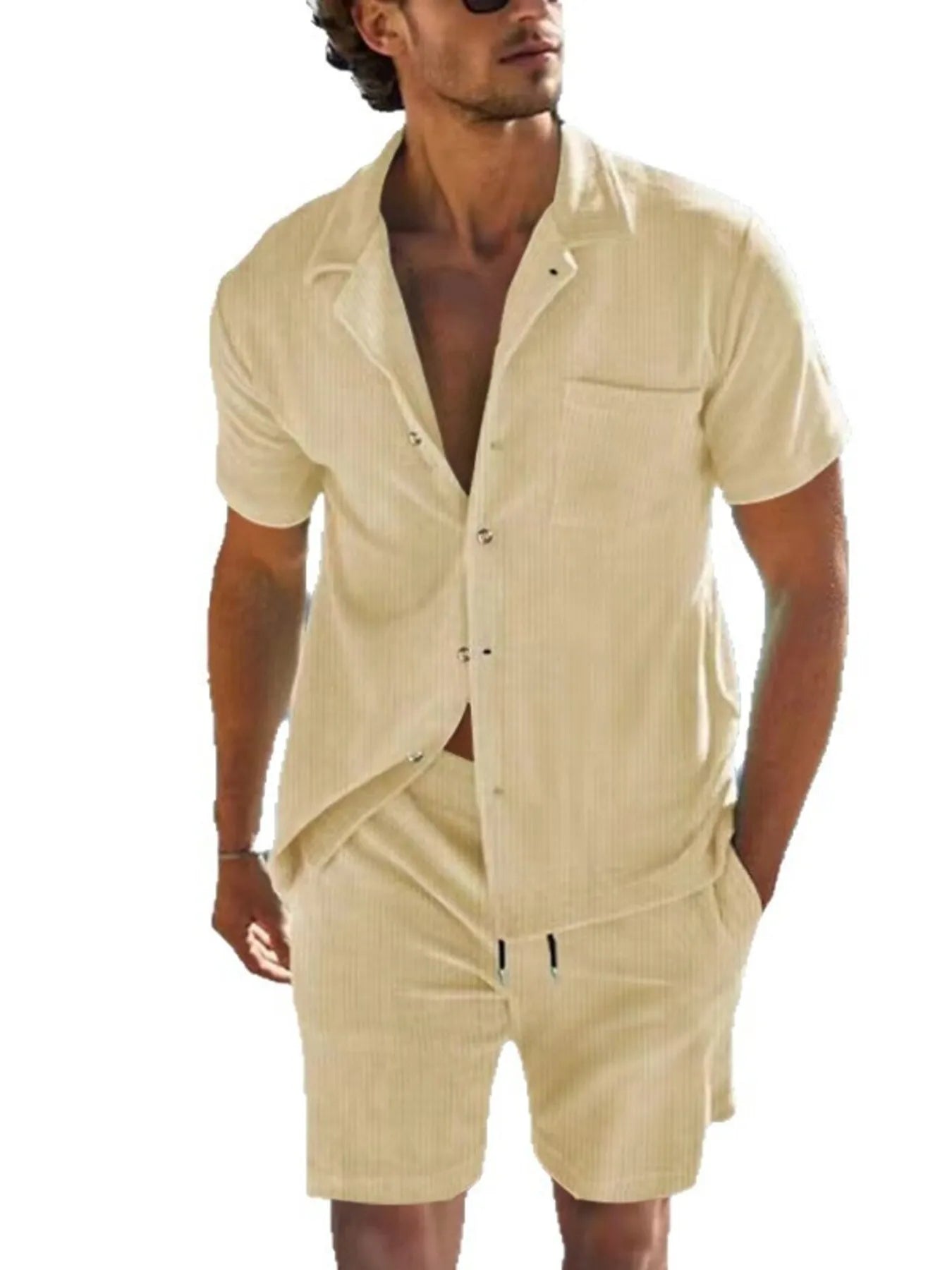 Button Detail Short Sleeve Top and Shorts Set Plus Size in Classic in White for Men