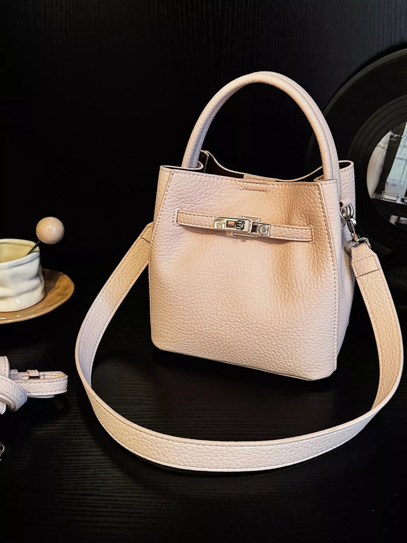 Leather Bucket Crossbody Bag in Blush Pink for Women