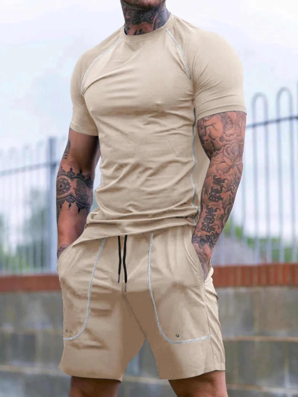 Round Neck Short Sleeve T-Shirt and Shorts Set Plus Size in Navy Blue for Men