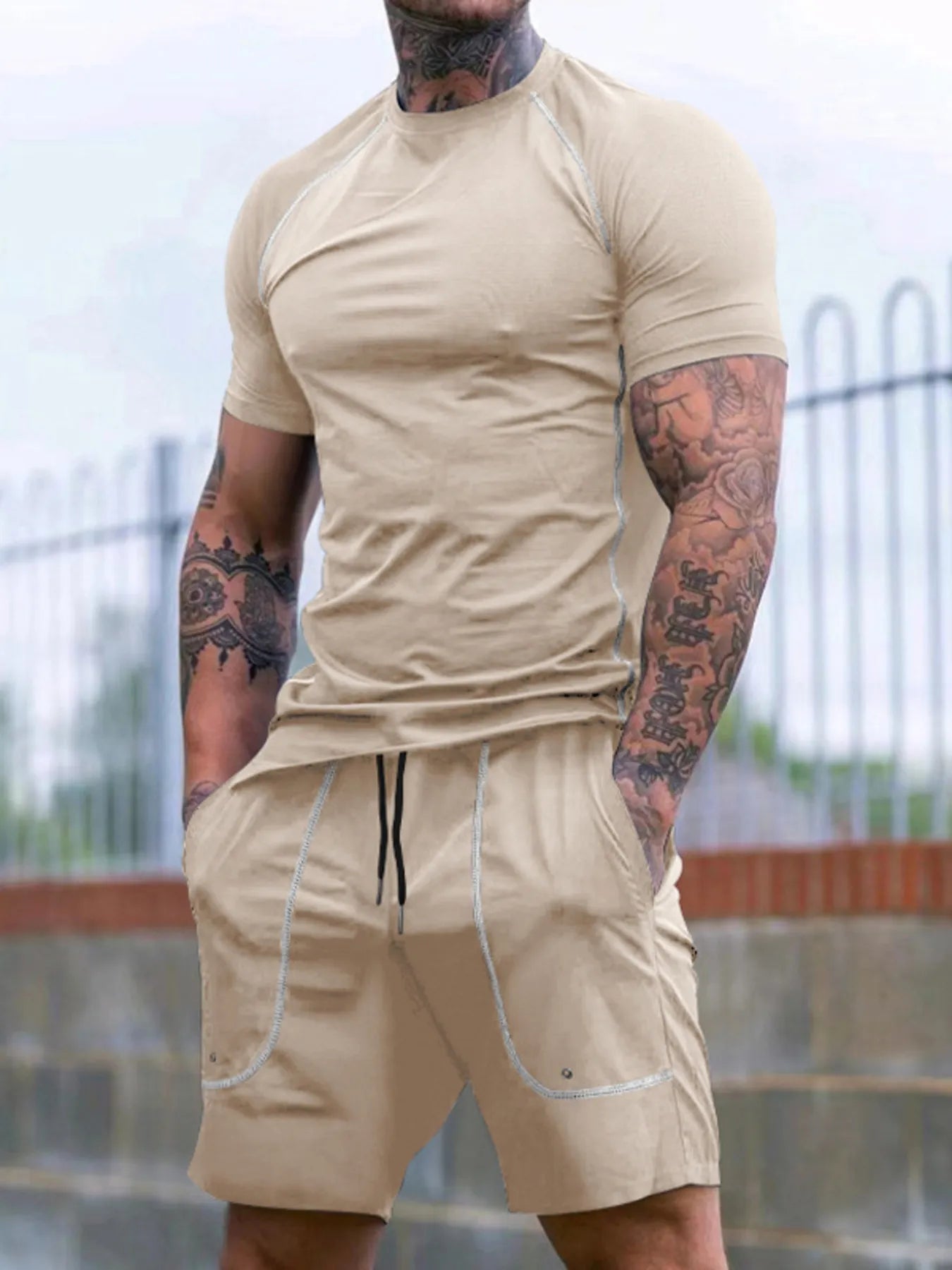 Round Neck Short Sleeve T-Shirt and Shorts Set Plus Size in Navy Blue for Men