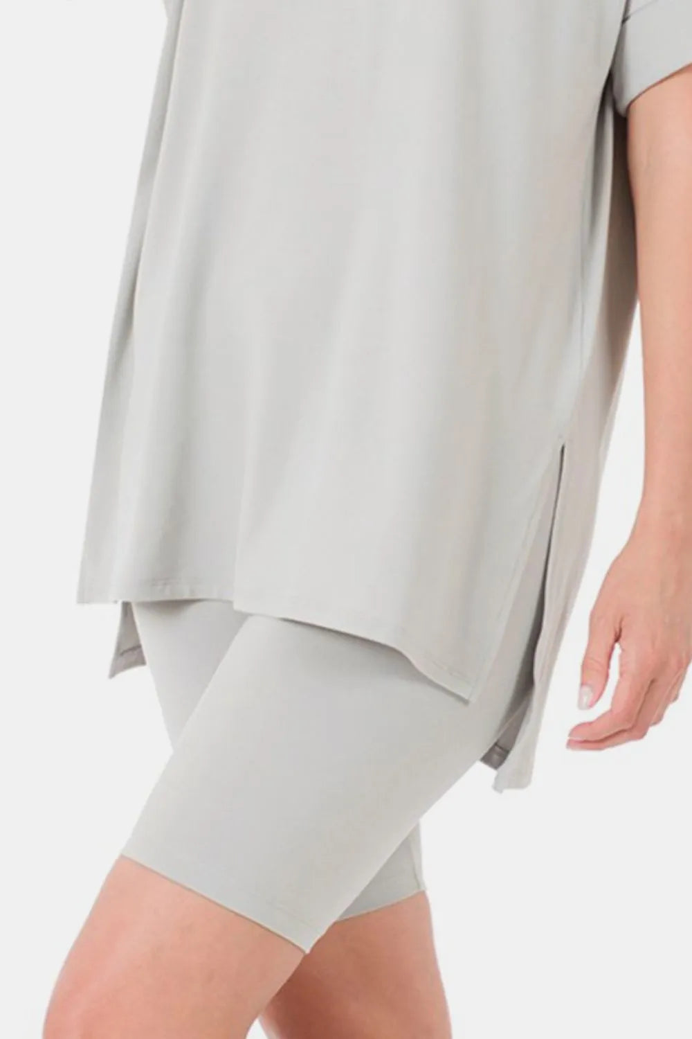 Plus Size V-Neck Short Sleeve Slit T-Shirt and Shorts Set in Light Grey for Women