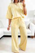 Half Sleeve Top and Drawstring Pants Set in Pastel Yellow for Women
