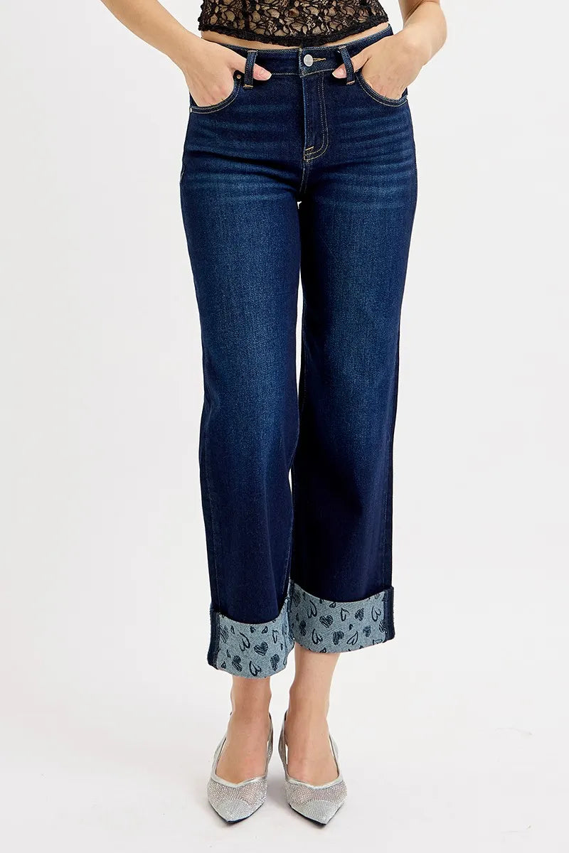Mid Rise Fit Crop Wide with Printed Cuff Jeans Plus Size in Dark for Women