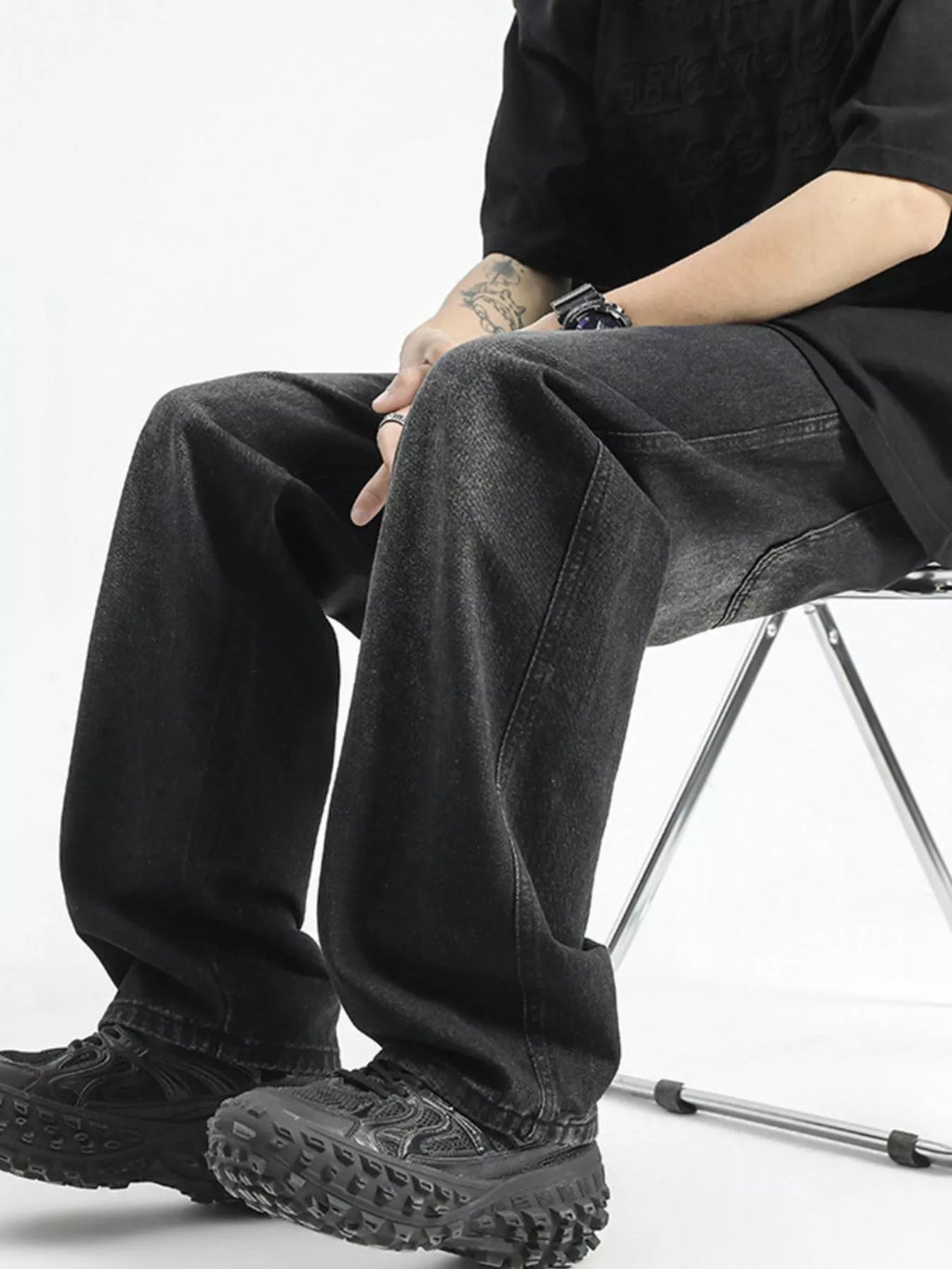 Washed Wide Leg Drawstring Jeans Plus Size in Polished Gray for Men