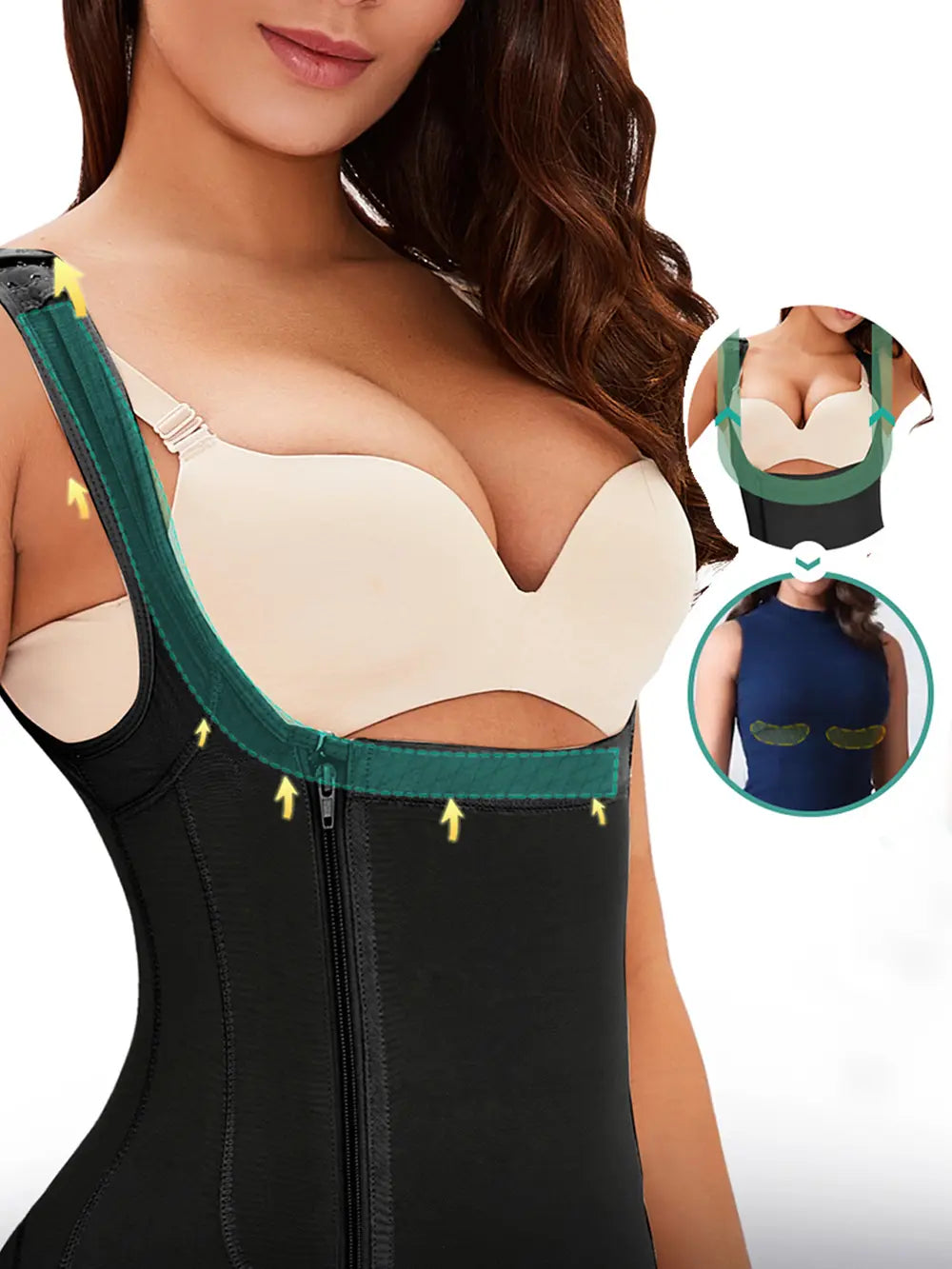 Plus Size Side Zip Up Wide Strap Shapewear in Black for Women
