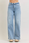 Mid Rise Retro Wide Leg Jeans with Fold-Over Waistband in Light for Women