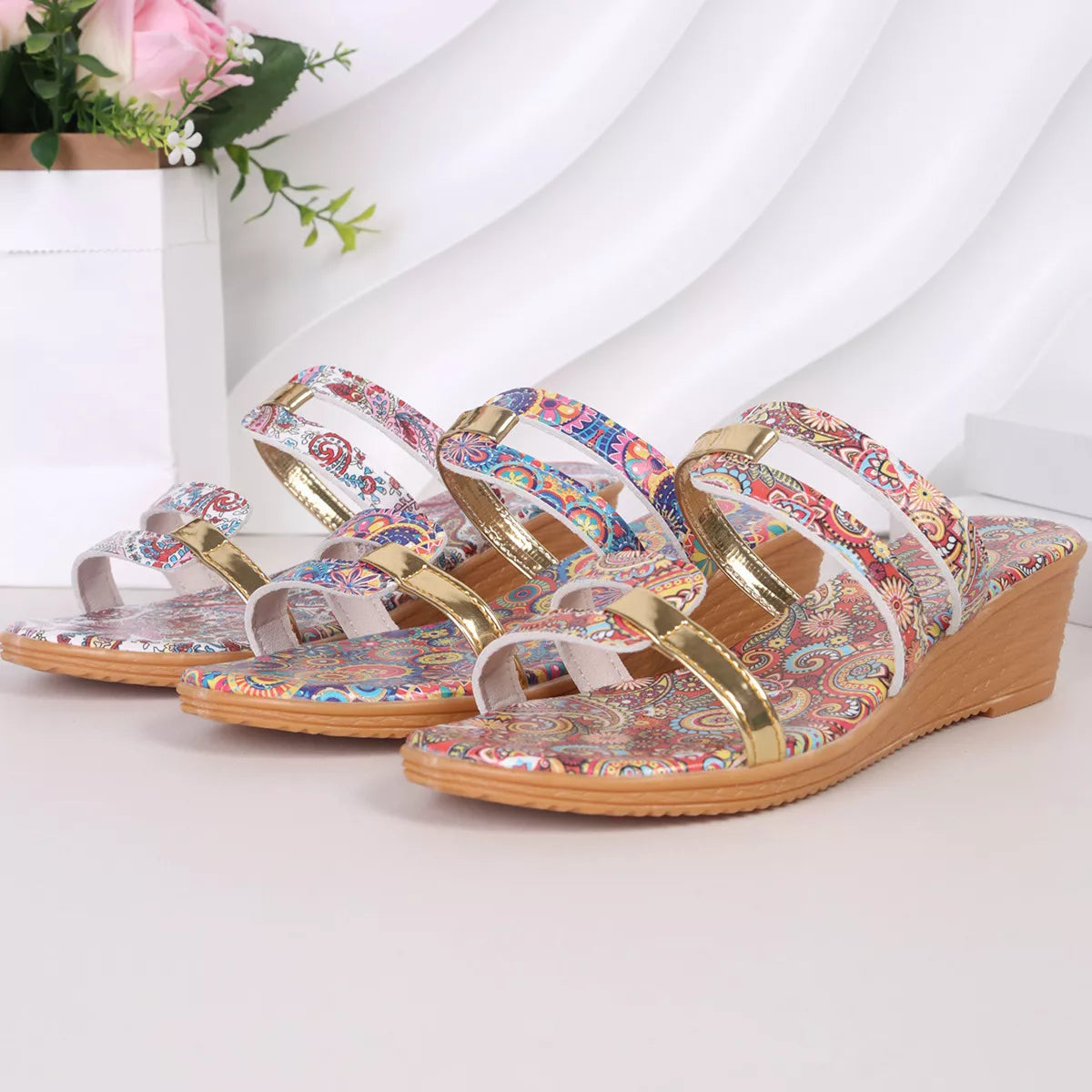 Open Toe Wedge Sandals in Red for Women