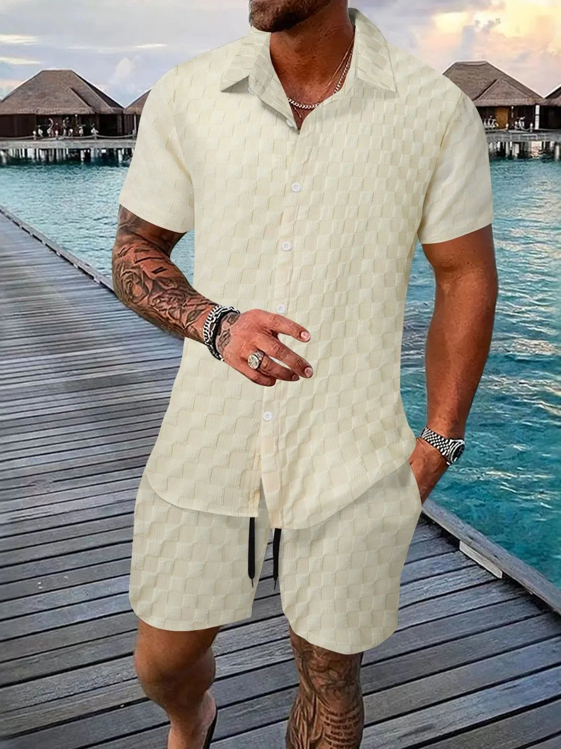 Collared Neck Short Sleeve Top and Shorts Set Plus Size in Light Blue for Men