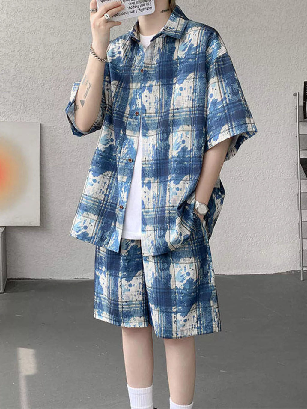 Plus Size Casual Plaid Print Shirt & Shorts Set in Purple for Men