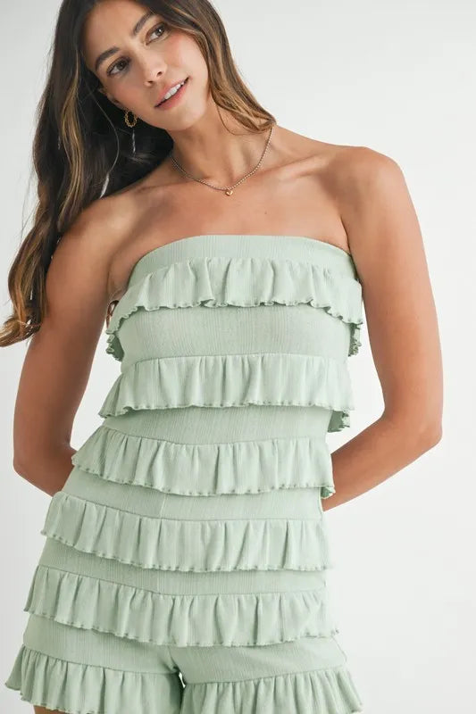 Pointelle Knit Fabric Ruffled Tube Romper for Women
