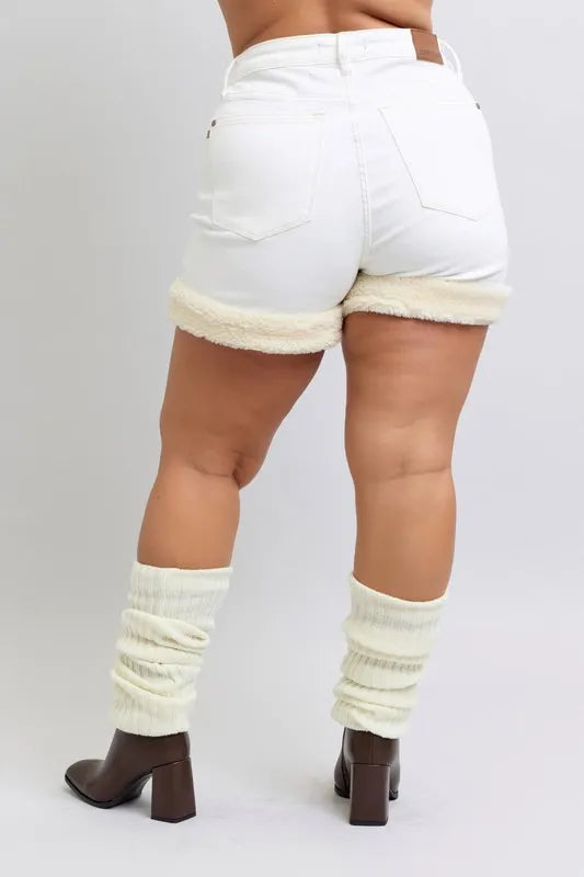 High Waist Shearling Cuff Denim Shorts Plus Size for Women