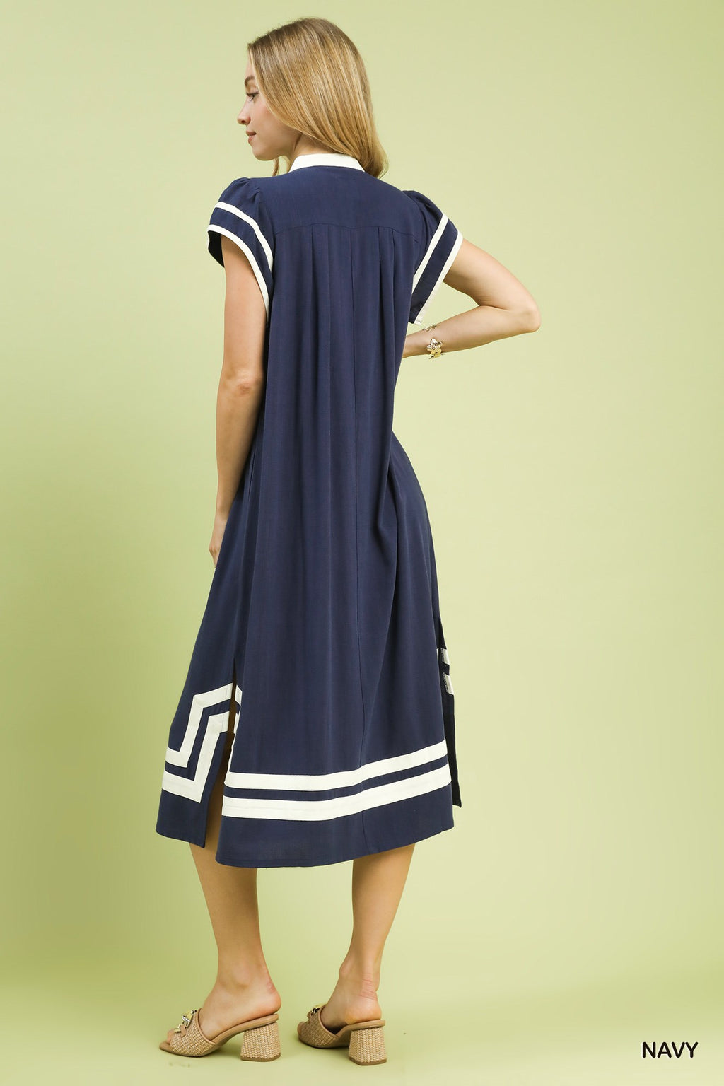Linen Cotton Contrast Neckline Midi Dress in Navy for Women