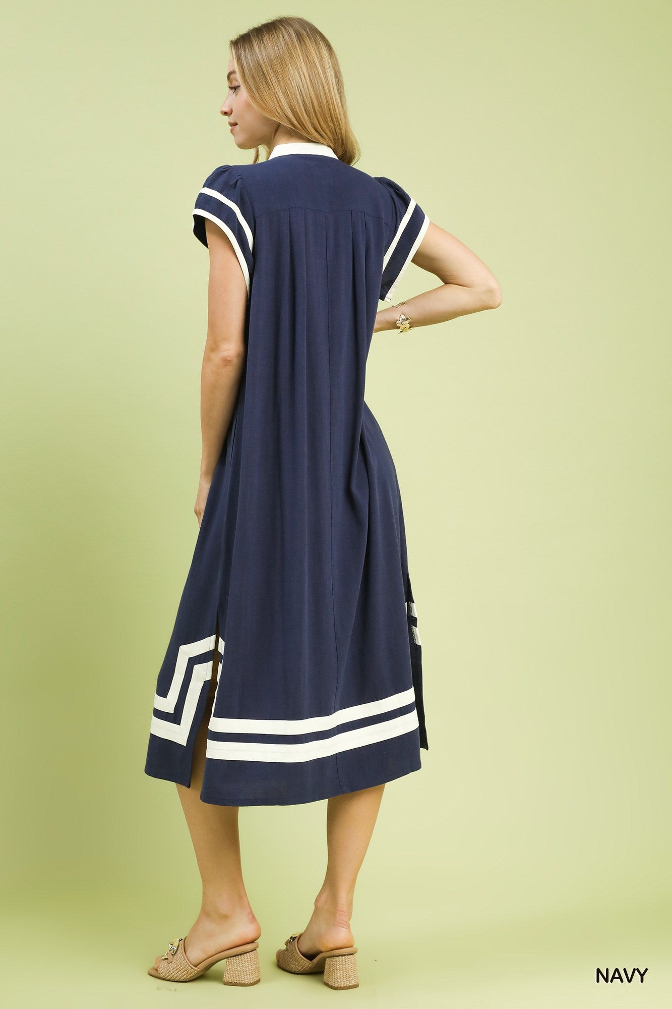 Linen Cotton Contrast Neckline Midi Dress in Navy for Women