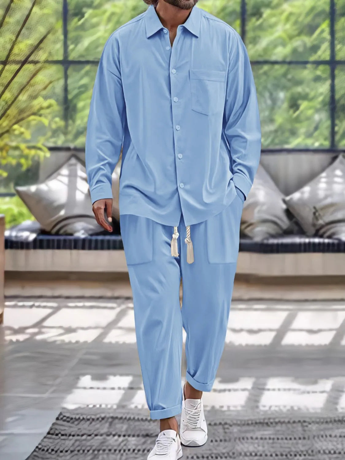 Button Down Long Sleeve Shirt and Pants Set in Light Blue for Men