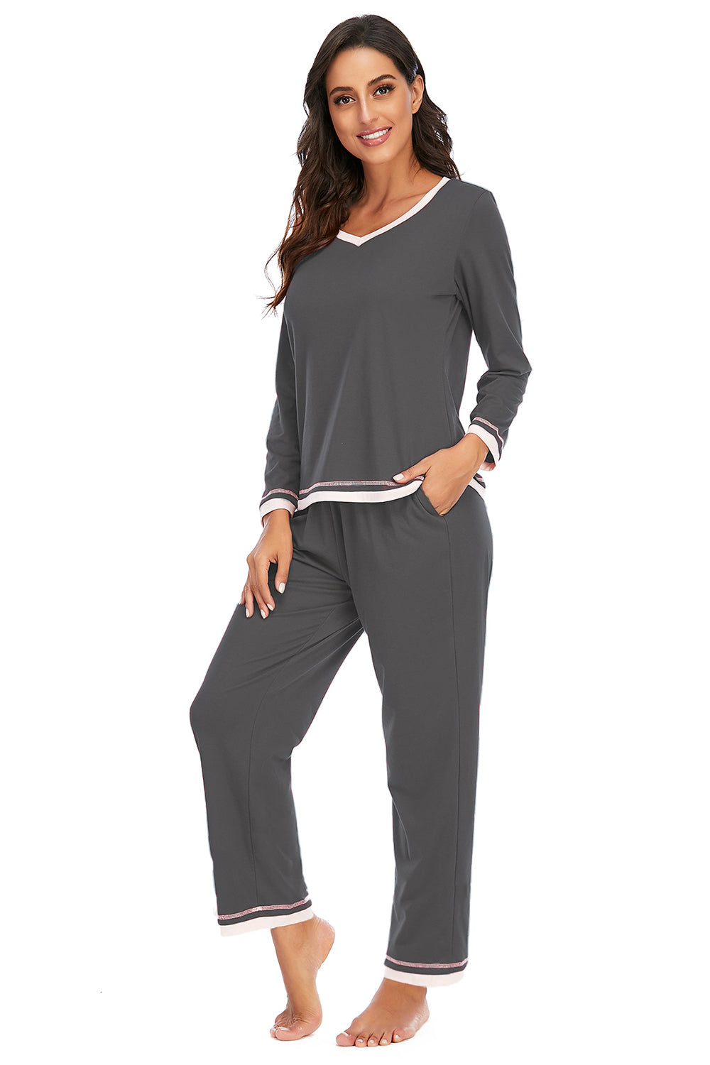 V-Neck Top and Pants Lounge Set in Charcoal for Women