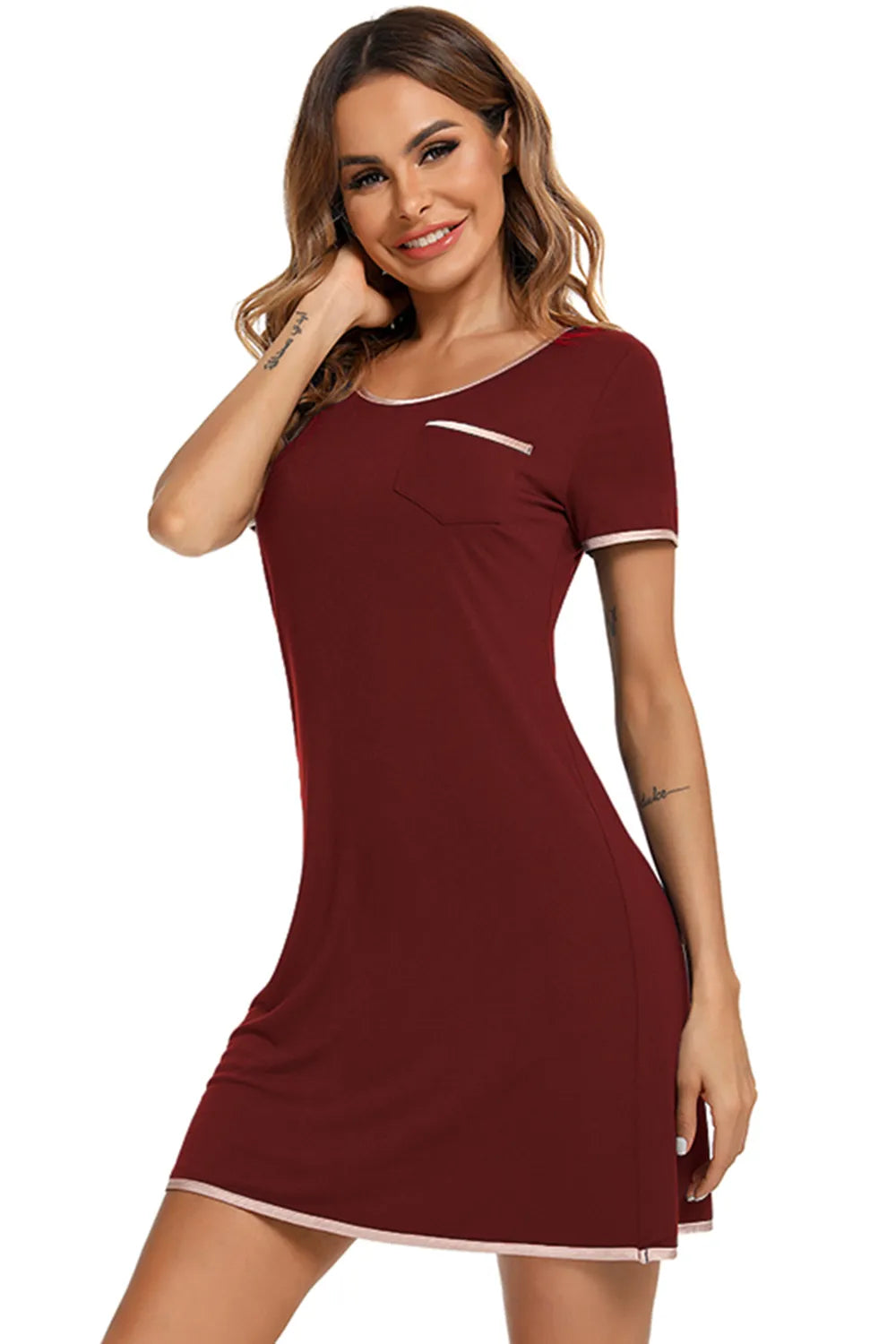 Contrast Trim Pocketed Round Neck Lounge Dress in Burgundy for Women