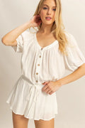 Drawstring Hem Short Sleeve Top and Skort Set in Off White for Women