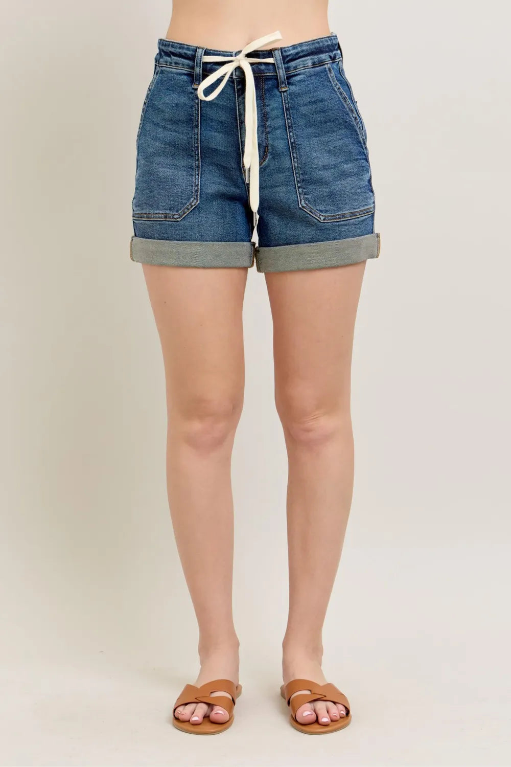 High Rise Cuff Denim Shorts Plus Size in Dark for Women