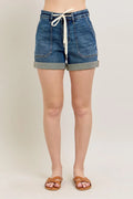 High Rise Cuff Denim Shorts Plus Size in Dark for Women
