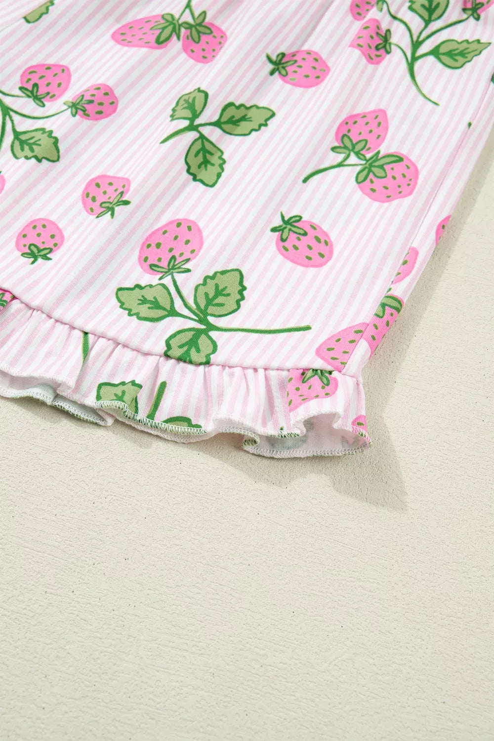 Striped Strawberry Print Lapel Shirt Drawstring Shorts Two-Piece Pajama Set for Women