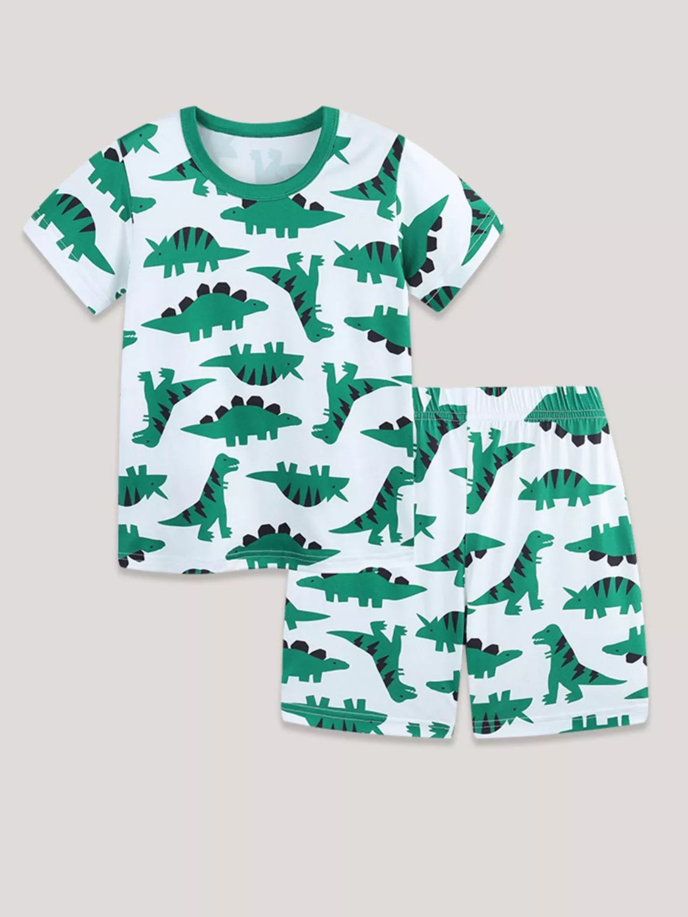 Dinosaur Print Casual Tee and Shorts Set in Green for Boys