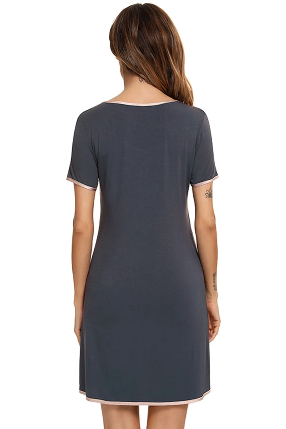 Contrast Trim Pocketed Round Neck Lounge Dress in Dark Gray for Women