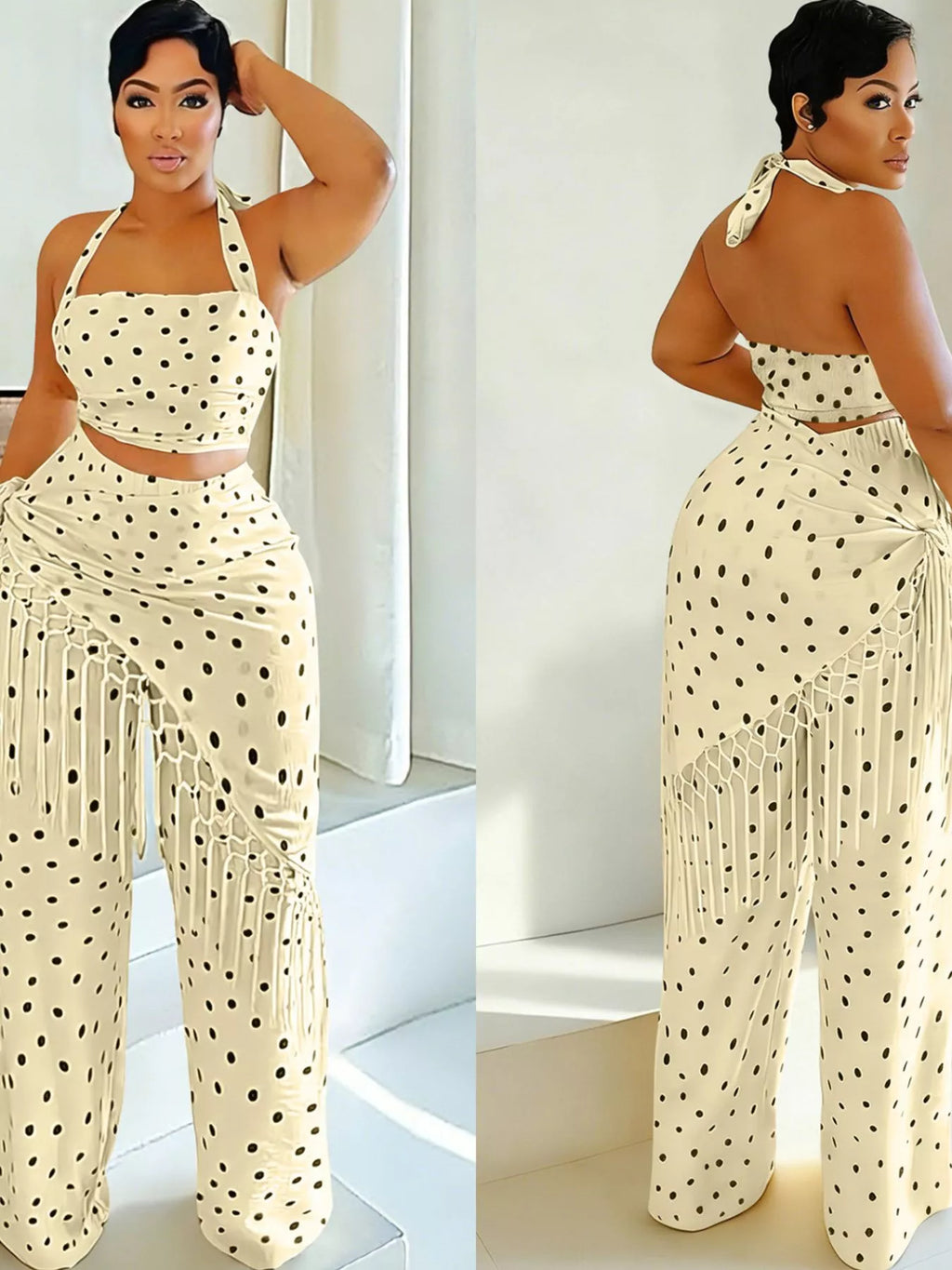 Polka Dot Halter Neck Cami and Fringe Trim Pants Set in Cream for Women