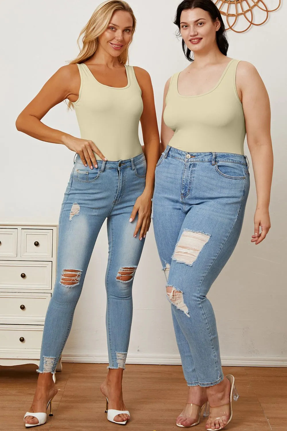Plus Size Square Neck Sleeveless Bodysuit in Beige for Women