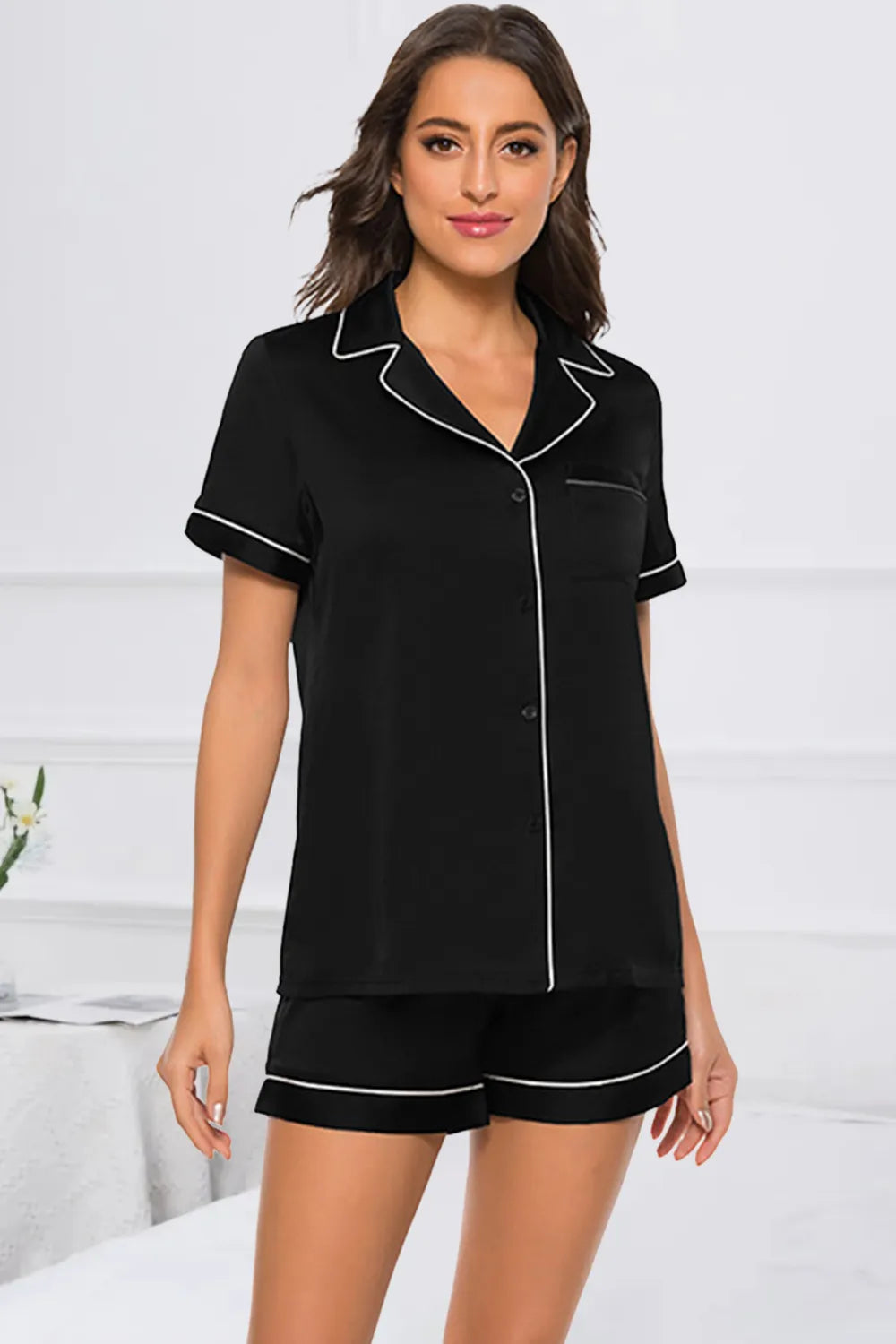 Printed Button Up Short Sleeve Top and Shorts Lounge Set in Dark Blue for Women