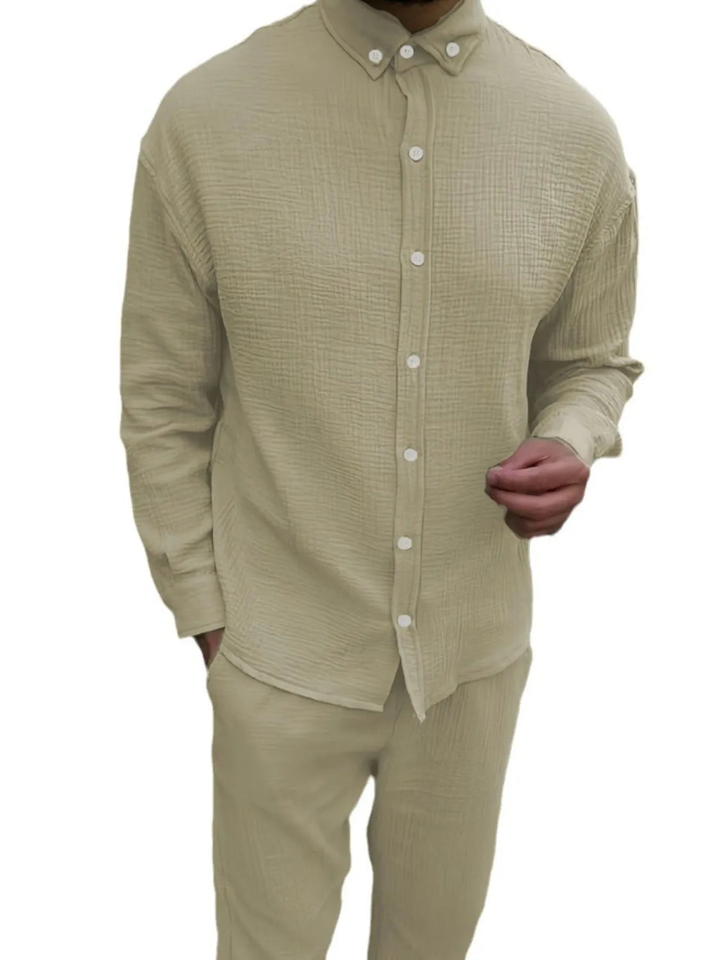 Button Down Long Sleeve Shirt and Pants Set in White in Black for Men