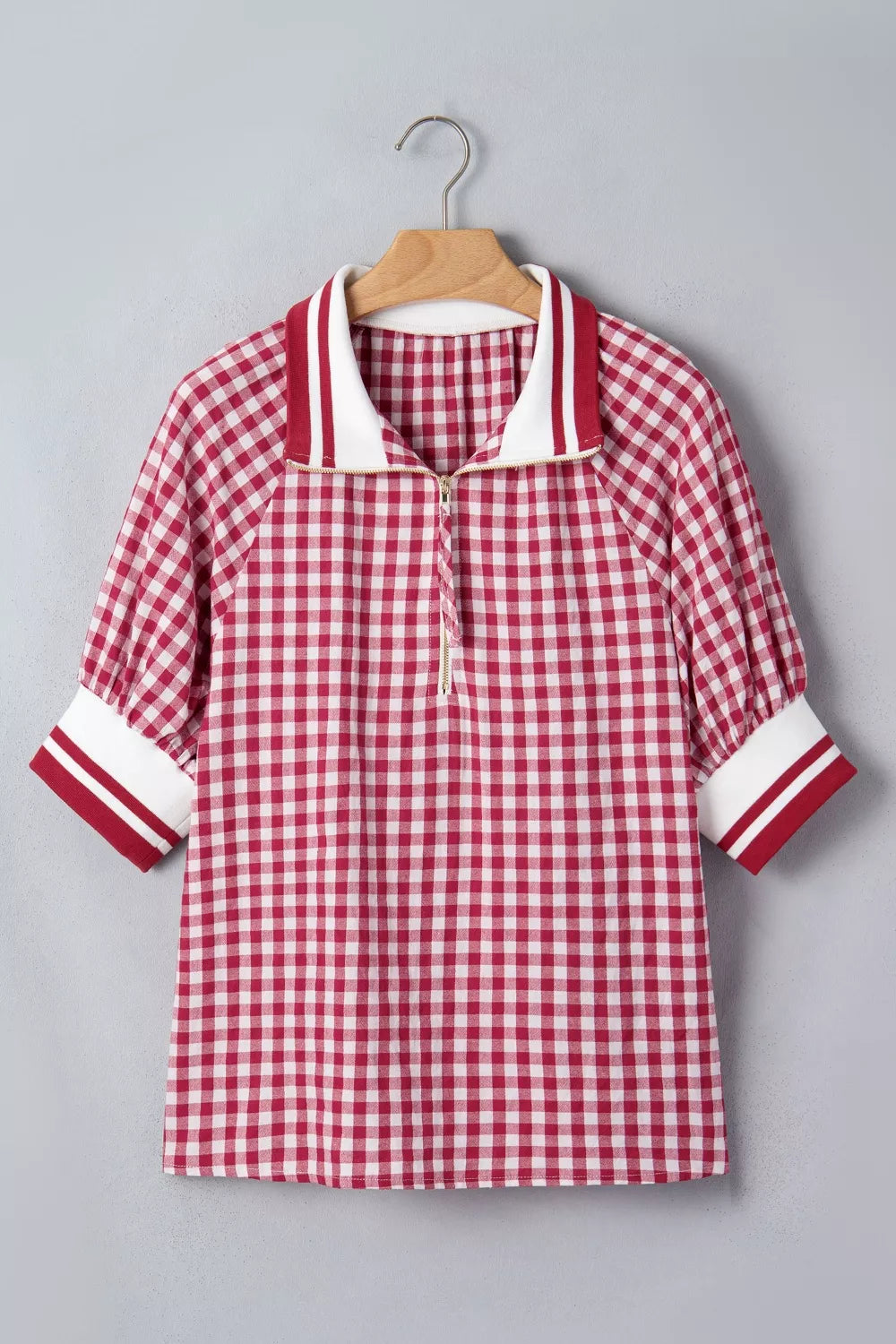 Gingham Puff Sleeve Quarter Zip Blouse for Women