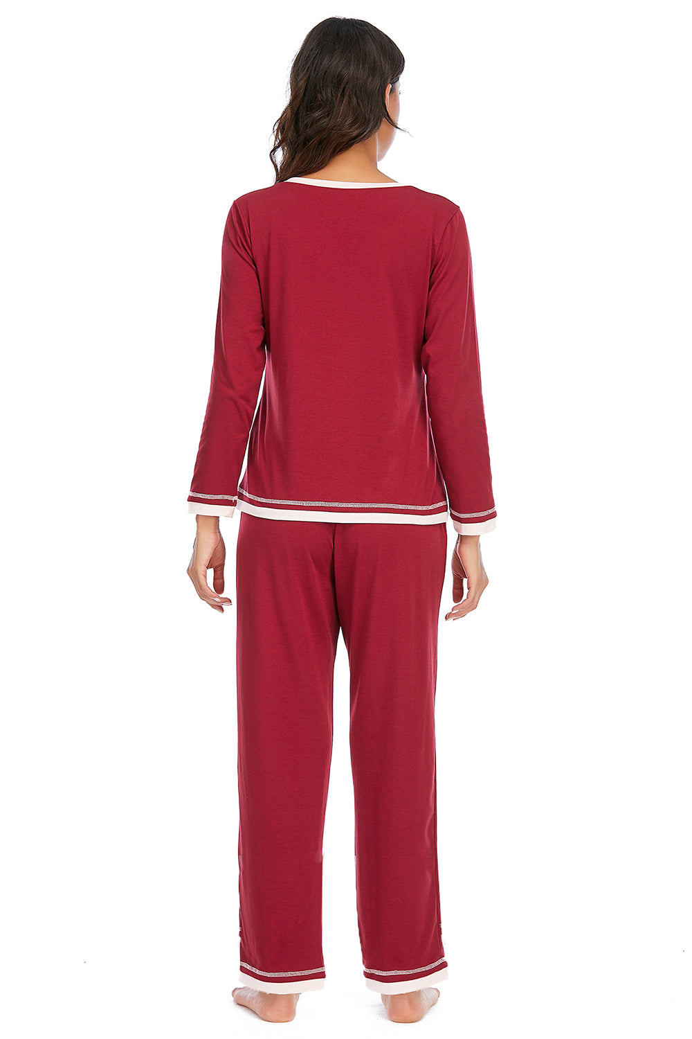 V-Neck Top and Pants Lounge Set in Wine for Women