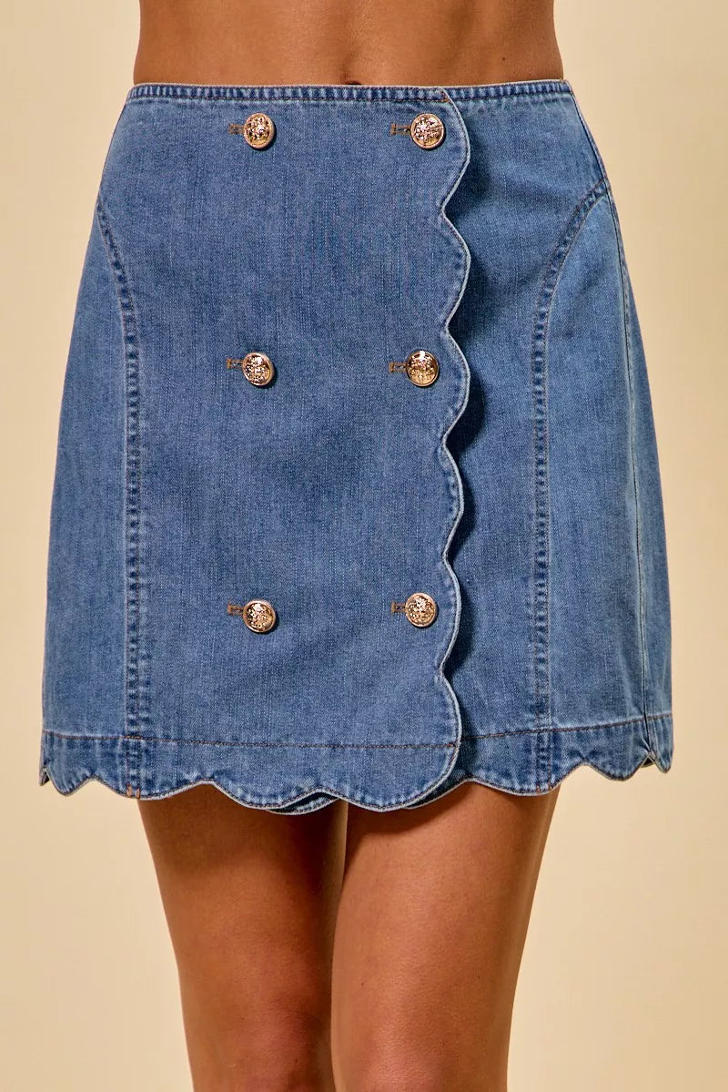 Denim Scalloped Buttoned Front Skirt for Women