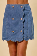 Denim Scalloped Buttoned Front Skirt for Women