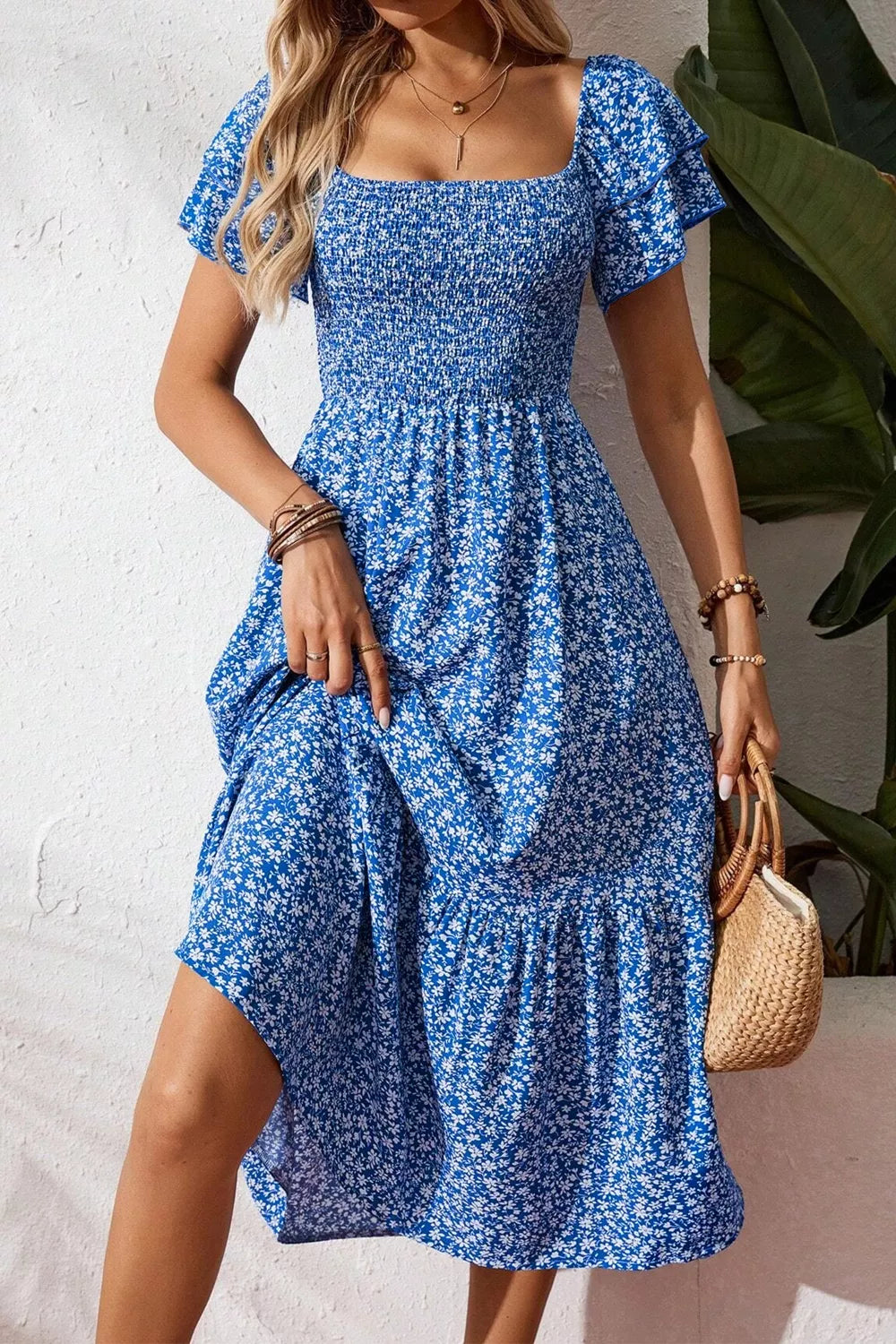 Ditsy Floral Print Smocked Square Neck Ruffle Short Sleeve Dress in Dusty Blue for Women