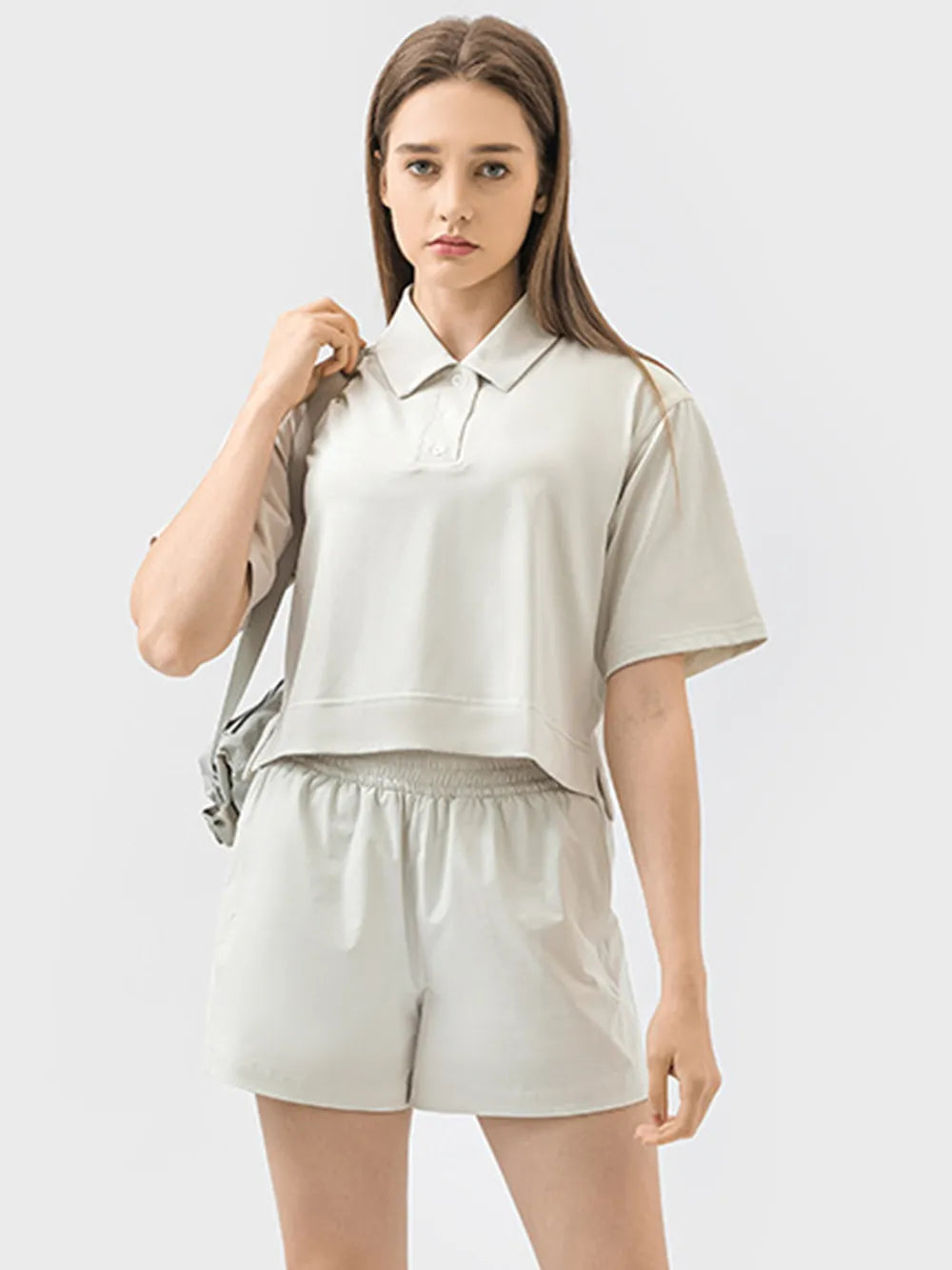 Half Button Short Sleeve Active T-Shirt in Black for Women