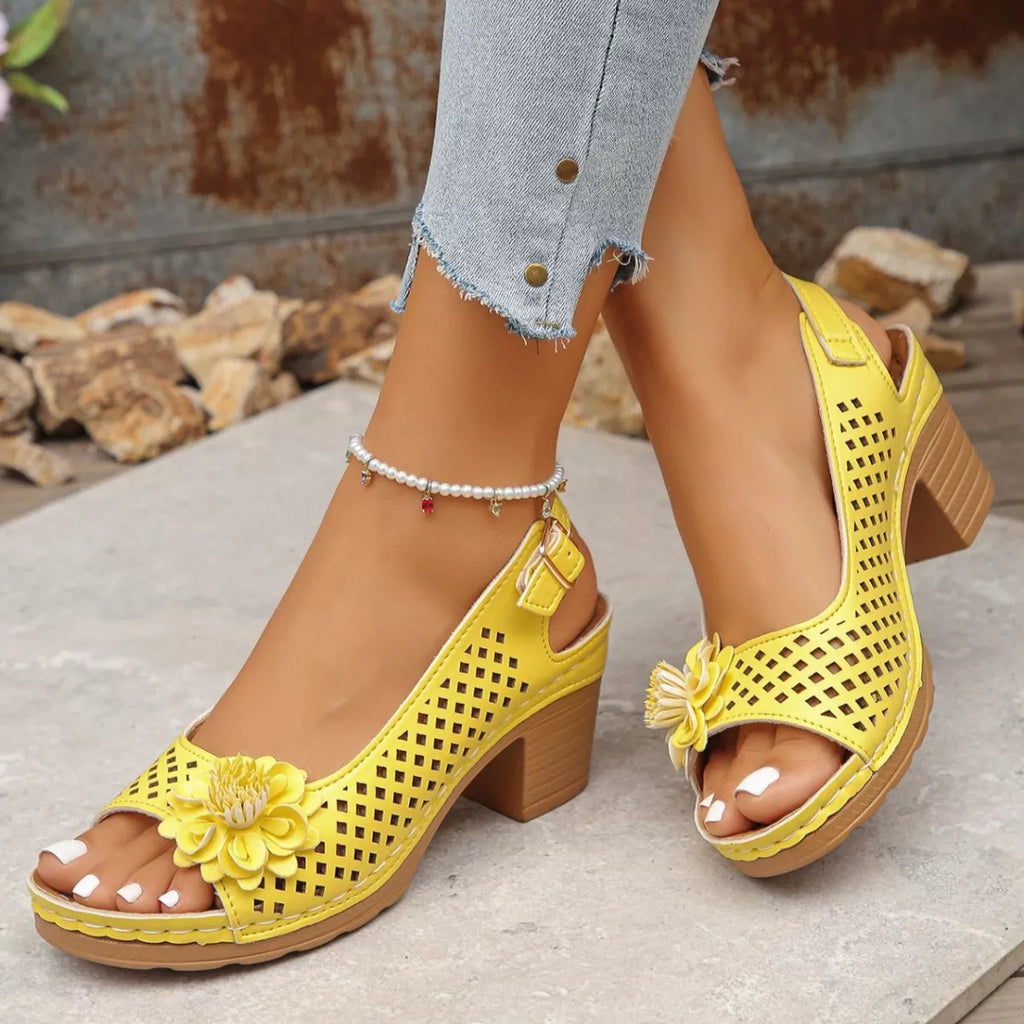Floral Accent Block Heel Sandals in White for Women