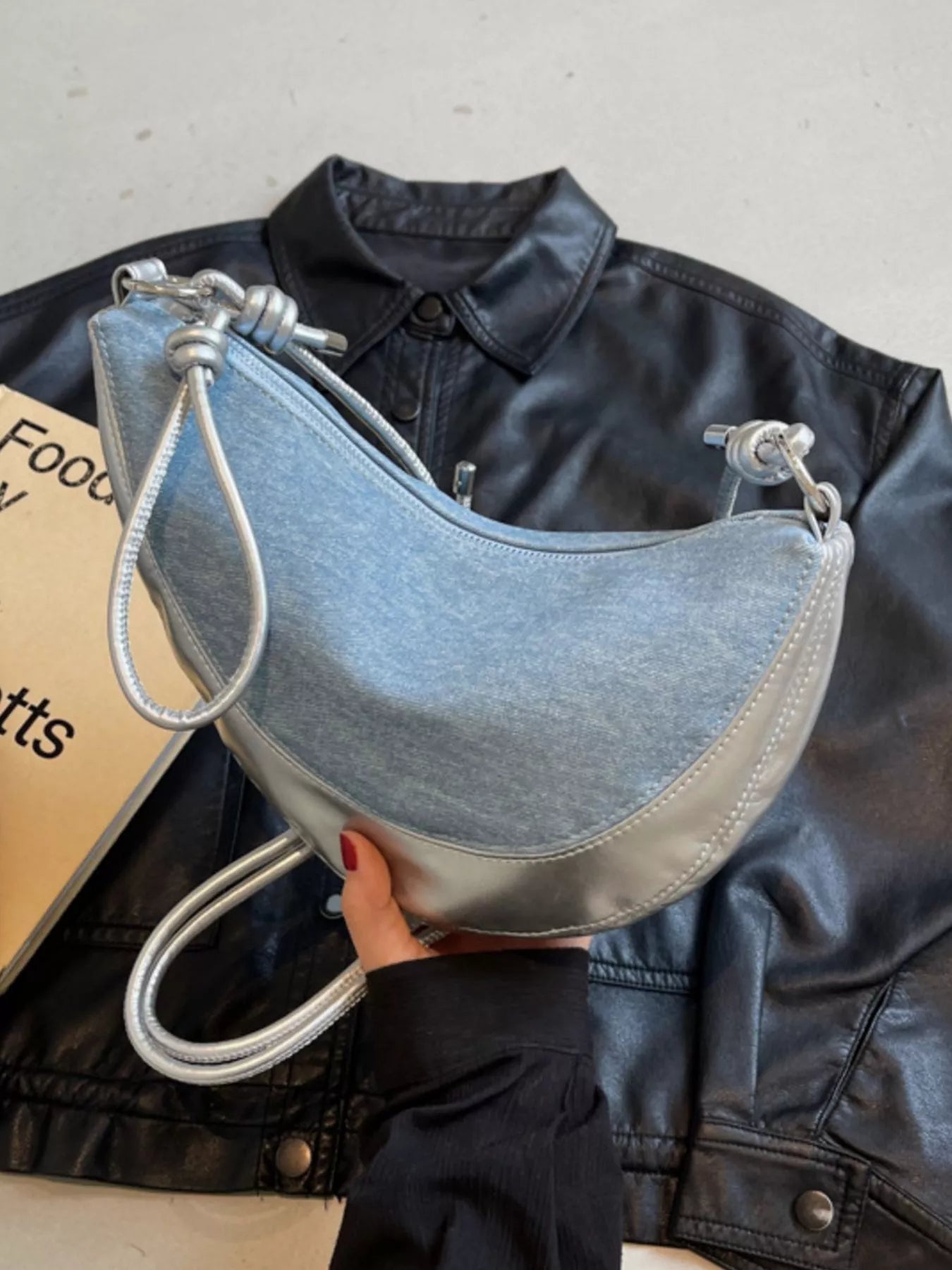 Denim Crescent Hobo Crossbody Bag for Women