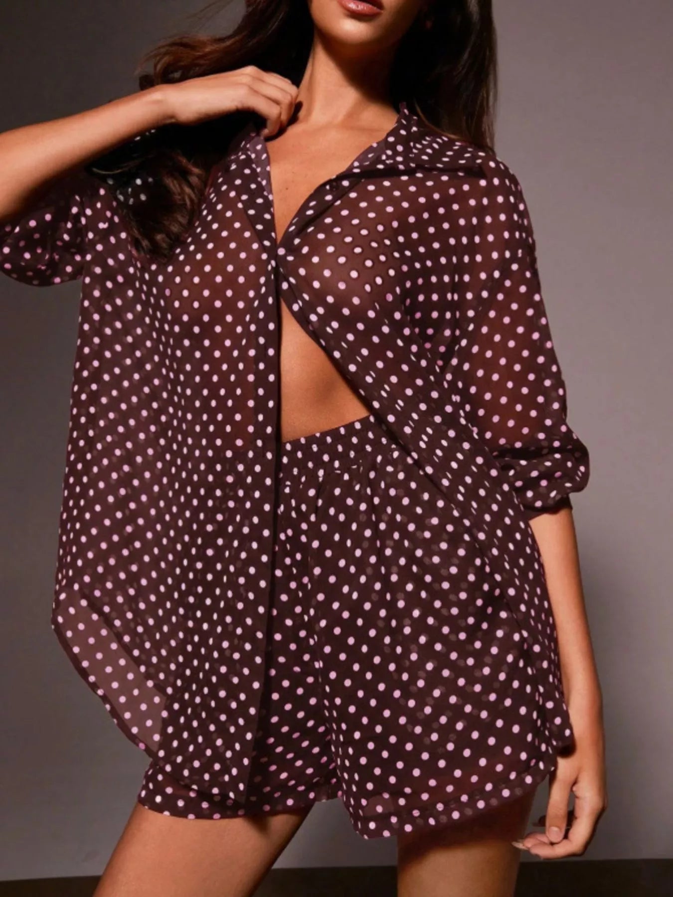 Polka Dot Button Up Shirt and Shorts Set in Burgundy for Women