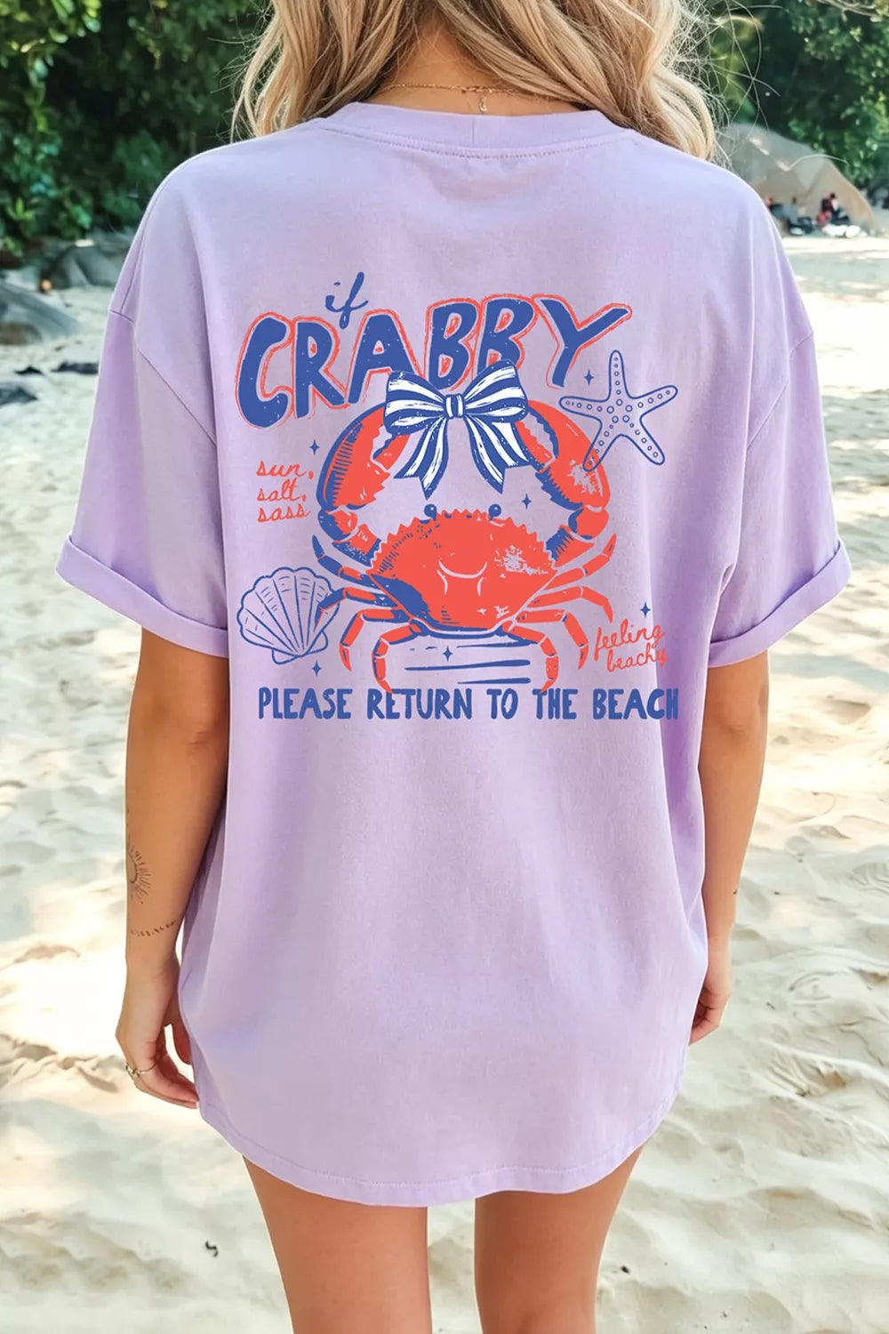 Crabby Beach Day Graphic T-Shirt in Pink Purple for Women