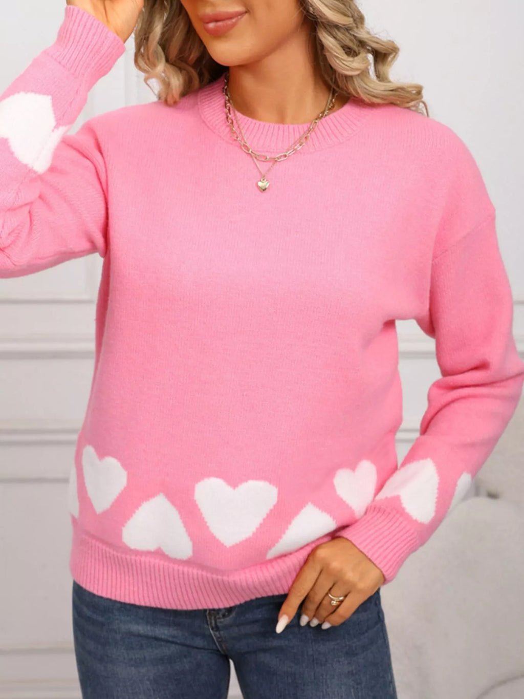 Valentines Day Heart Crew Neck Sweater in Red for Women