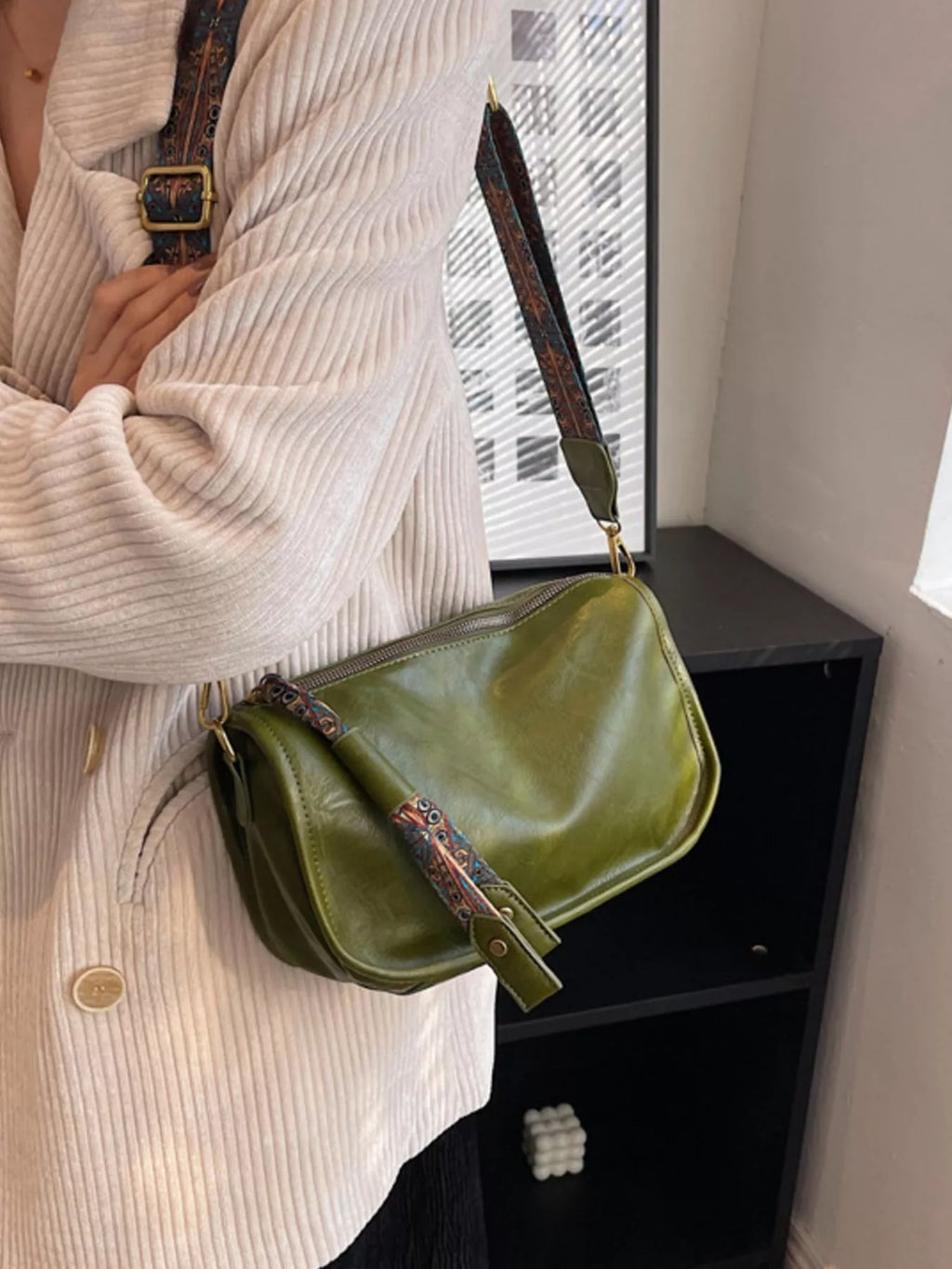 Patterned Strap Crossbody Bag in Green for Women