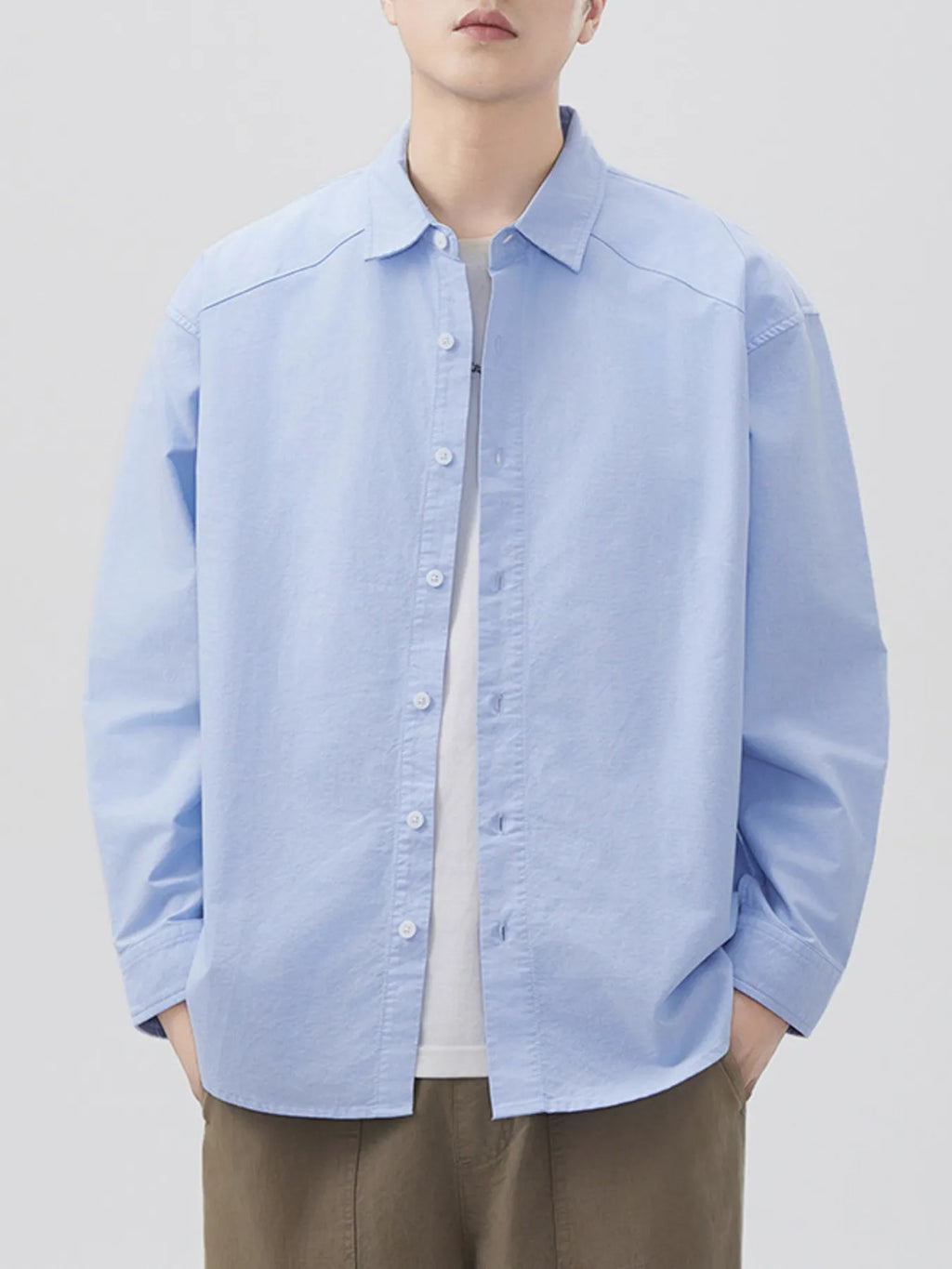 Plus Size Casual Solid Color Long Sleeve Shirt in Light Coffee for Men