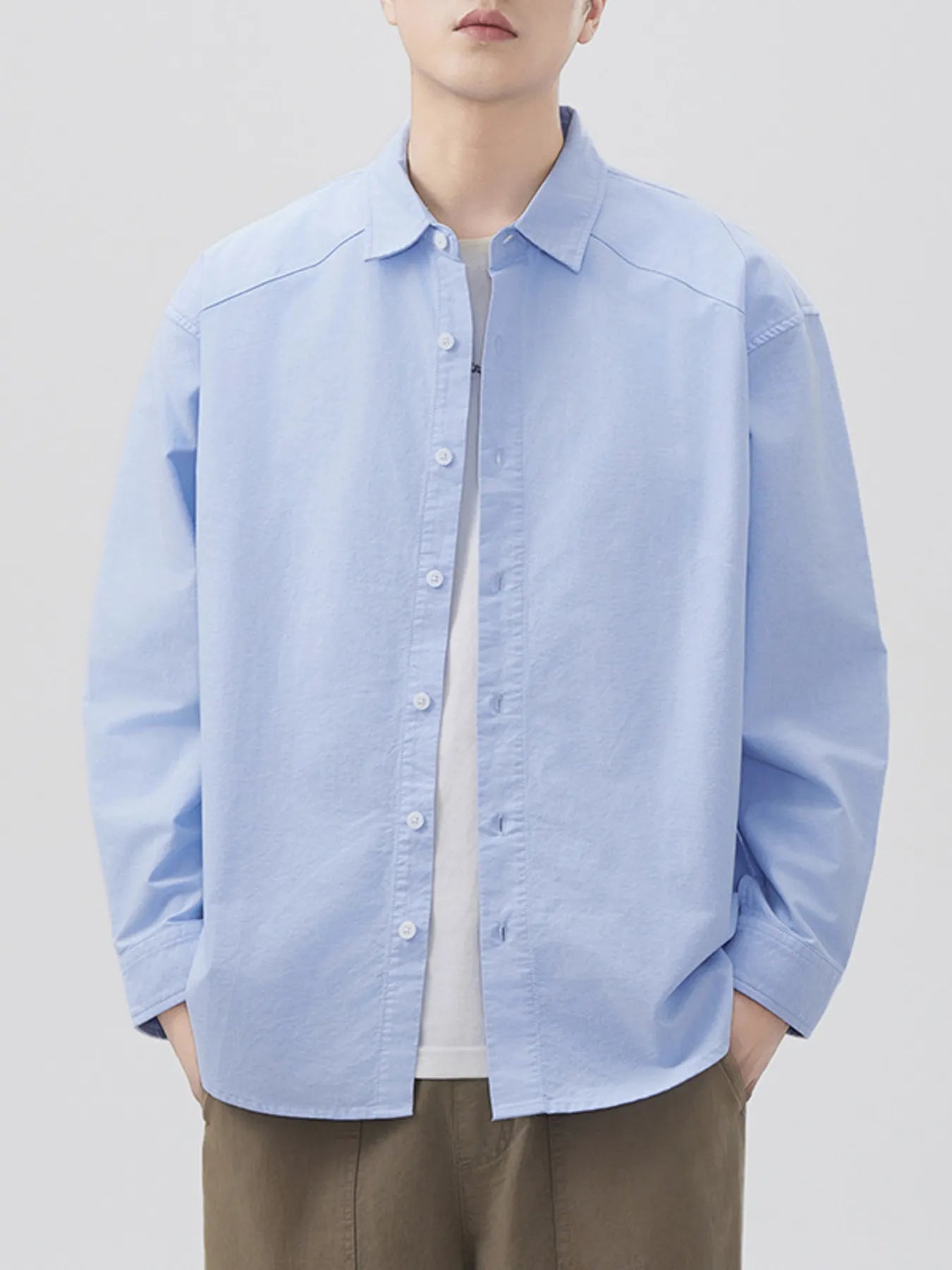 Plus Size Casual Solid Color Long Sleeve Shirt in Light Coffee for Men