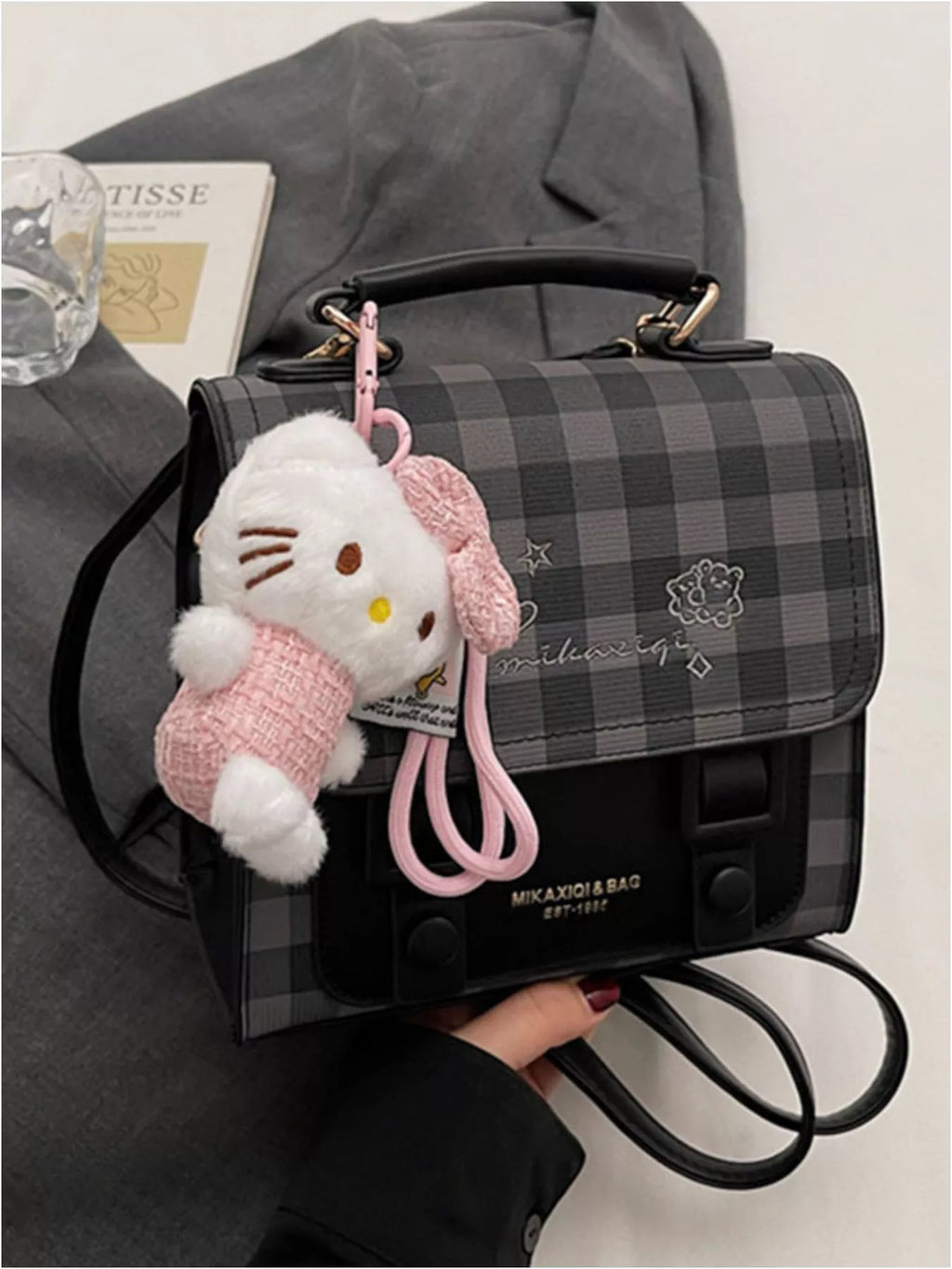 Plaid Pattern Embroidered Flap Backpack Bag for Women