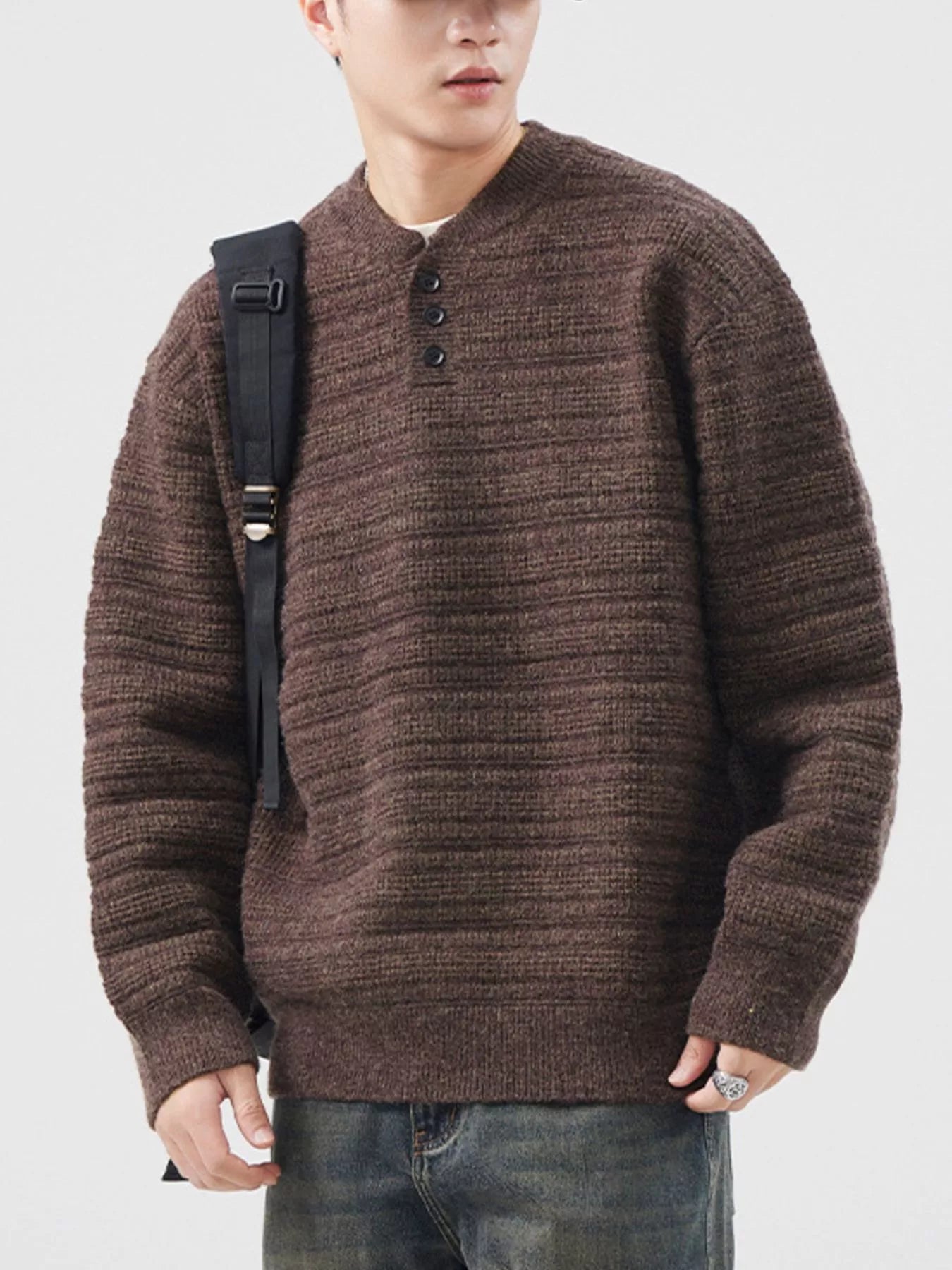 Plus Size Button Detail Long Sleeve Sweater in Dark Gray for Men
