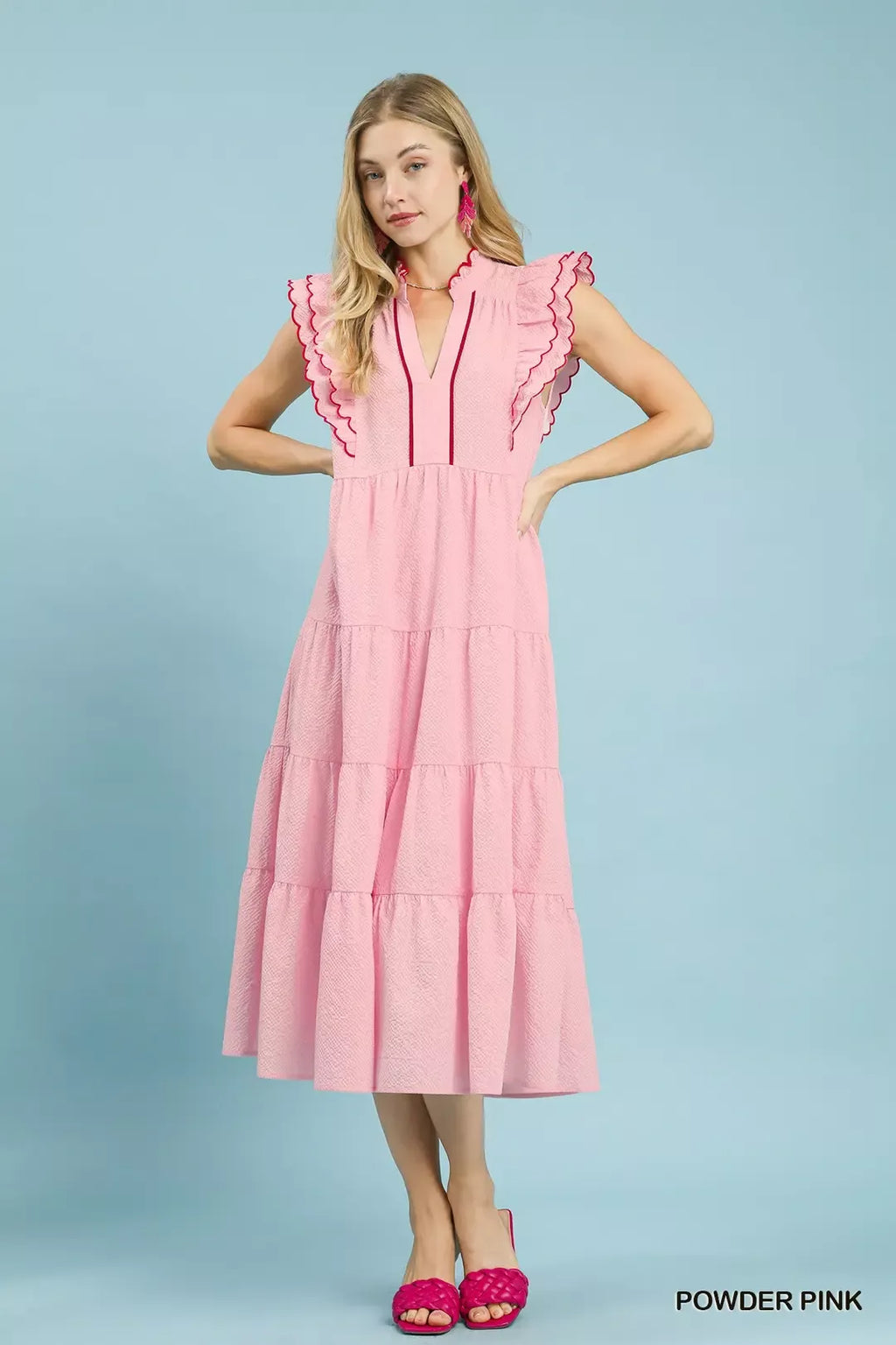 Seersucker Ruffle Sleeve Tiered Midi Dress in Powder Pink for Women