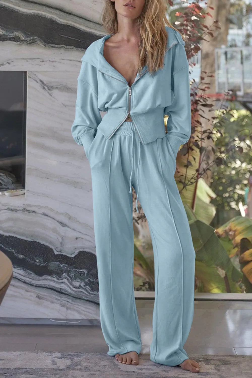 Zip-Up Hoodie and Pants Active Set in Light Blue for Women