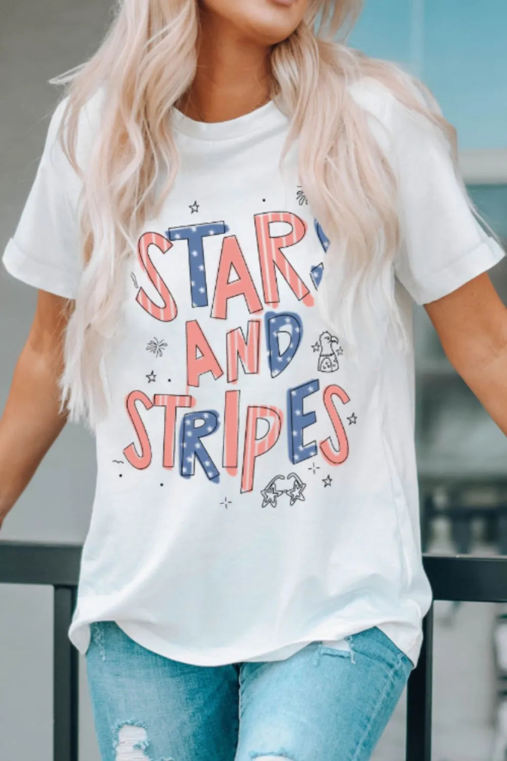 Stars and Stripes Patriotic Graphic T-Shirt in White for Women
